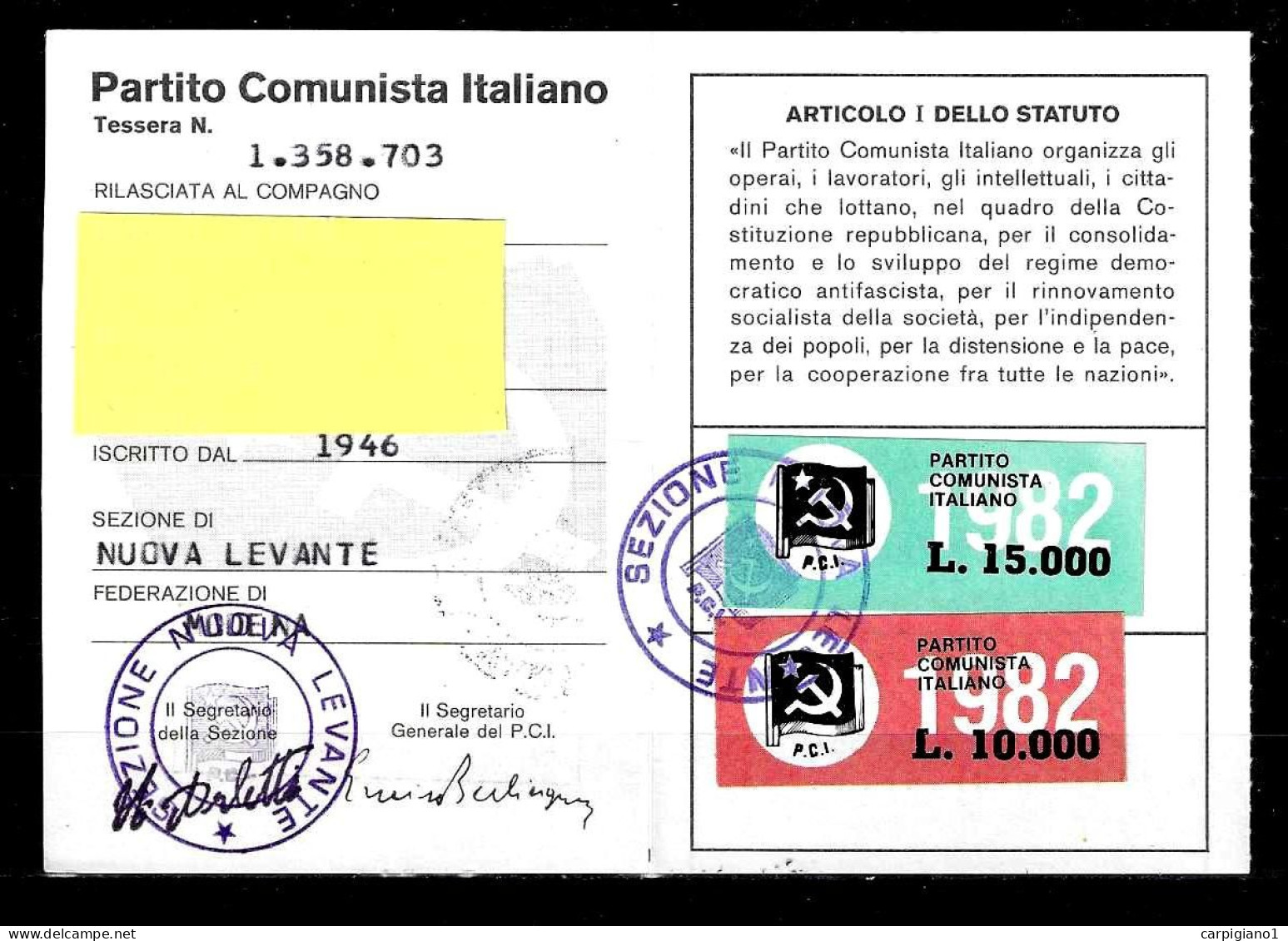 1982 Tessera PCI Partito Comunista Italiano Con Timbri E 2 Bollini - Documents Historiques