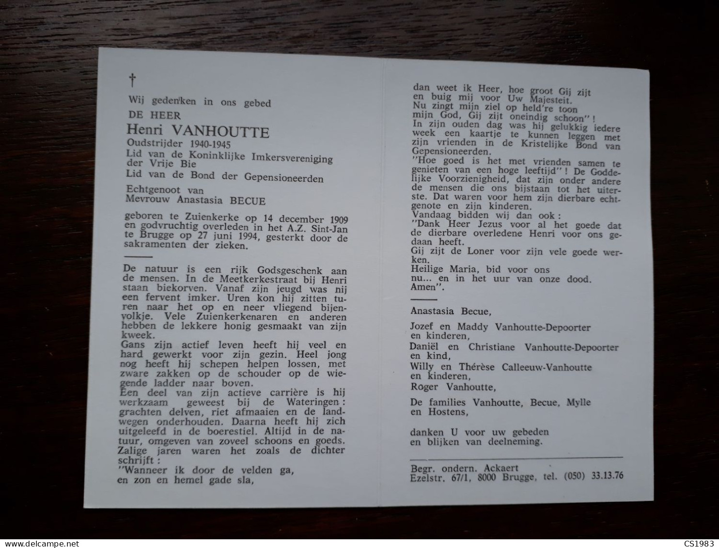 Oudstrijder 1940-1945 - Henri Vanhoutte ° Zuienkerke 1909 + Brugge 1994 X Anastasia Becue (Fam: Mylle - Hostens) - Décès