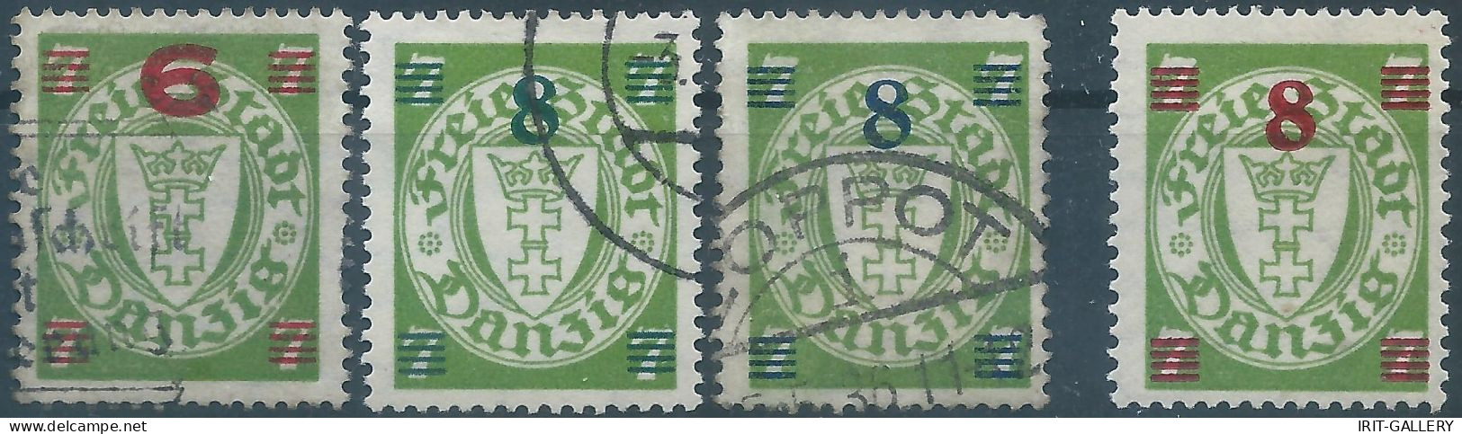 Germany-Deutschland,German Empire,Danzig 1934 -1936 Overprints On Coat Of Arms,Used & 8/7 Pfg, Red Overprint Is MNH - Usati
