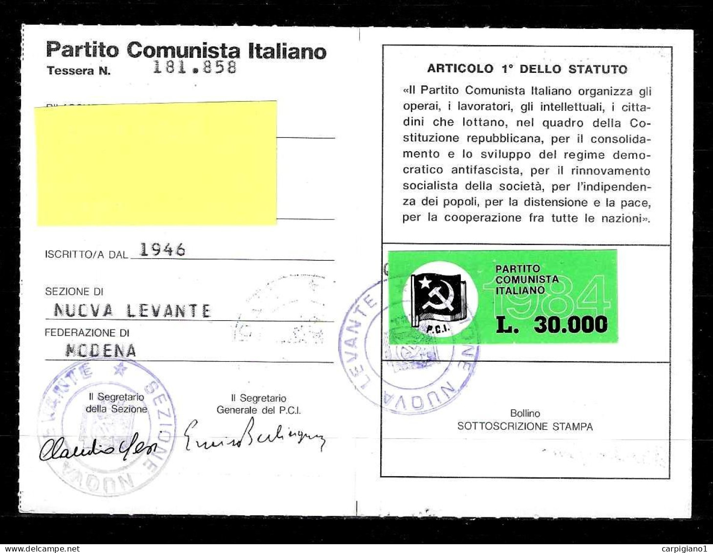 1984 Tessera PCI Partito Comunista Italiano Con Timbri E Bollino - 20° Morte Di Palmiro Togliatti - Historical Documents