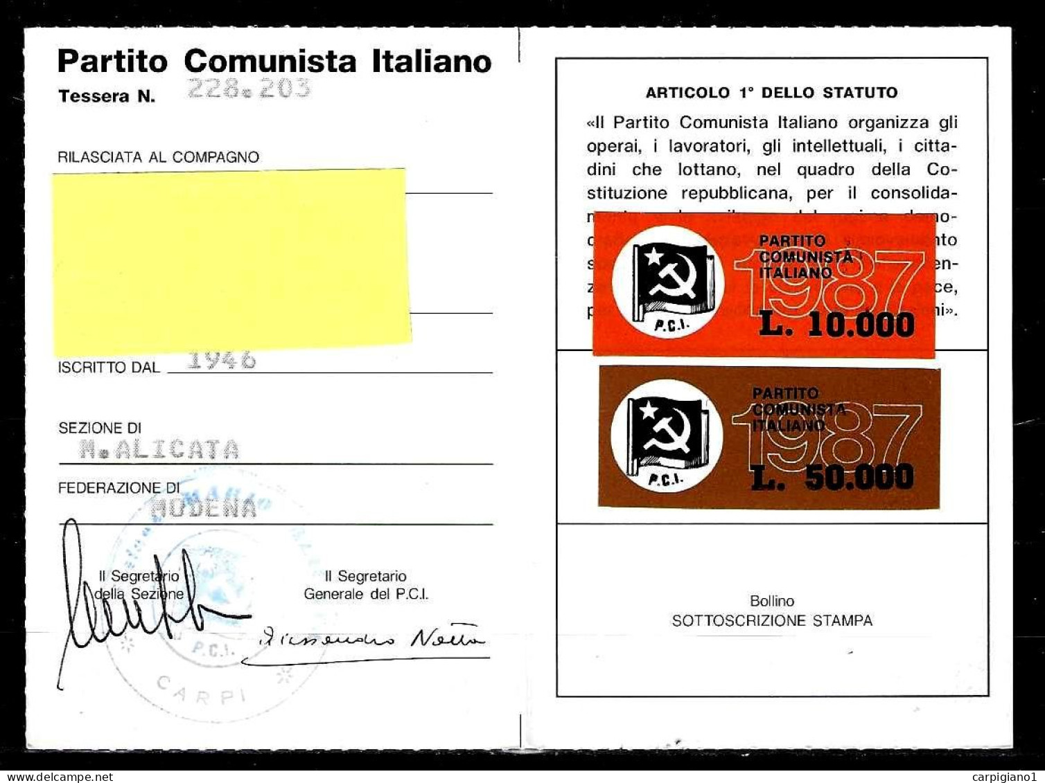 1987 Tessera PCI Partito Comunista Italiano Con Timbro E 2 Bollini - 50° Morte Di Antonio Gramsci - Historical Documents