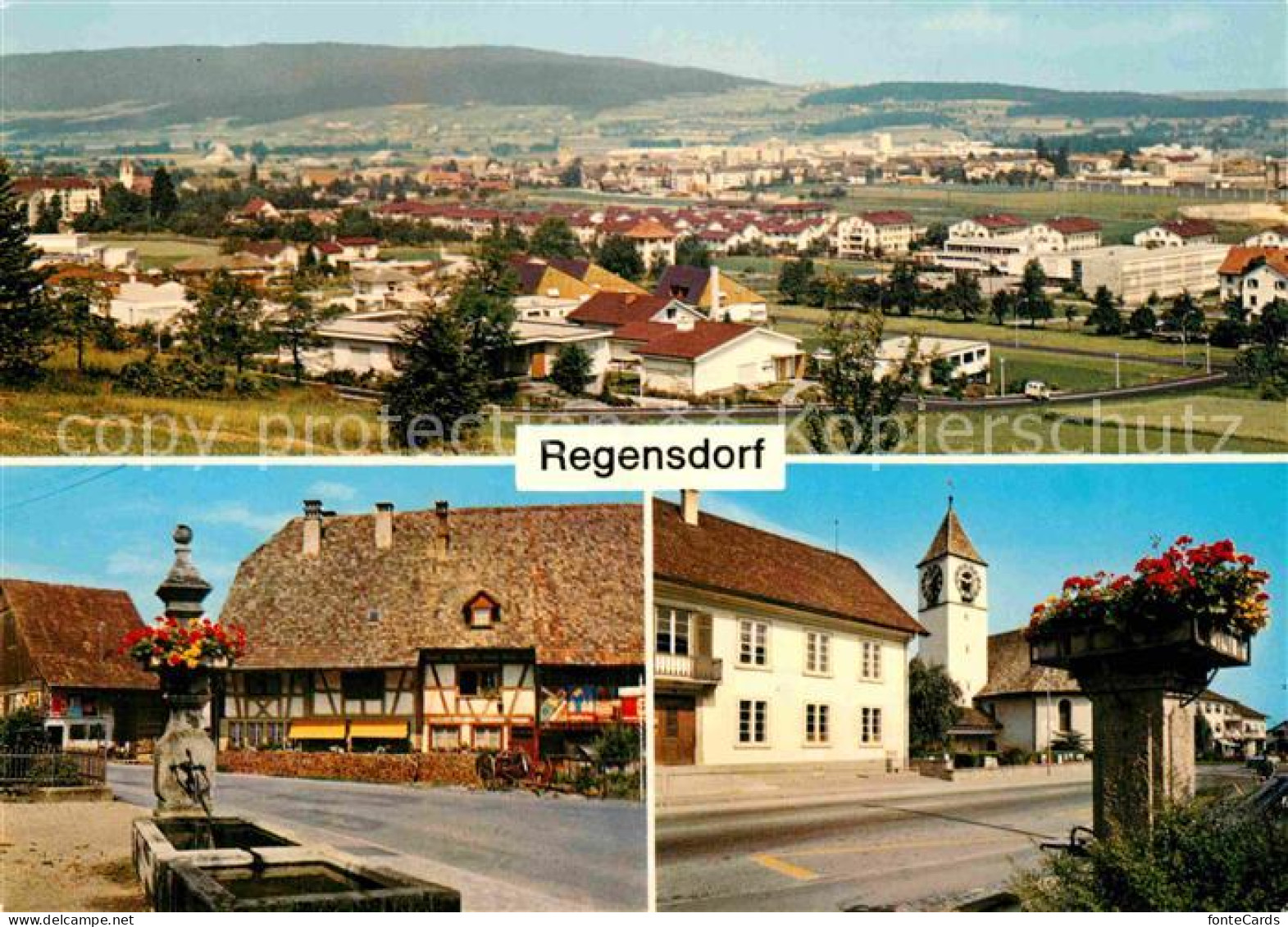 12807594 Regensdorf Panorama Hauptstrasse Brunnen Kirche Regensdorf - Altri & Non Classificati