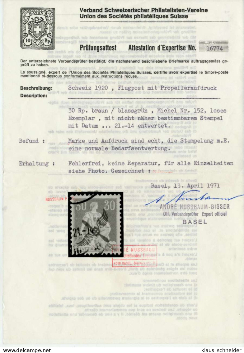 SCHWEIZ FLUGMARKEN Nr 152 Gestempelt ATTEST X73F516 - Used Stamps