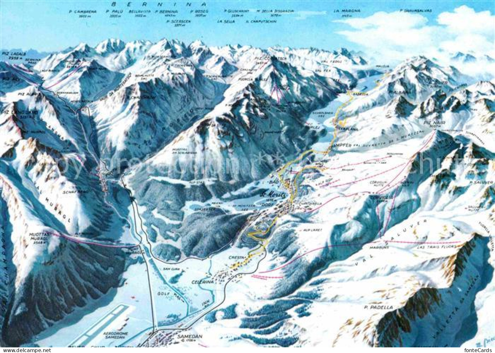 12796652 Bernina GR Panoramakarte Pistenplan Bernina GR - Sonstige & Ohne Zuordnung