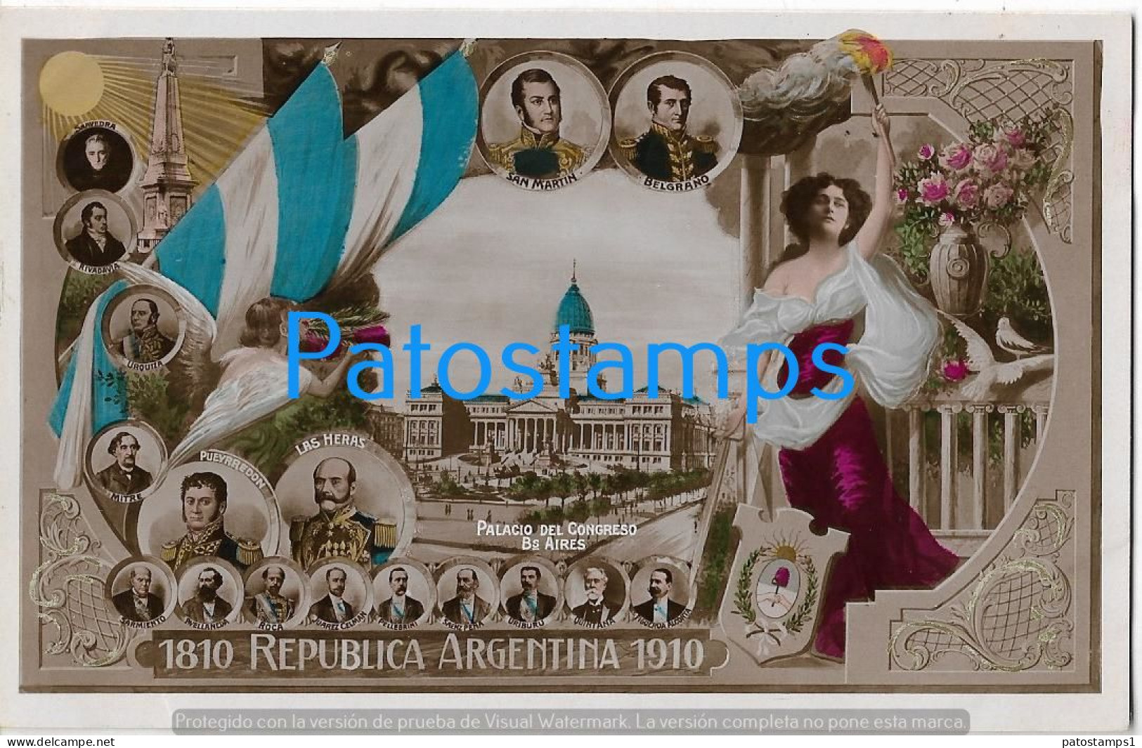 227797 ARGENTINA CENTENARY PATRIOTIC HERALDRY FLAG BS AS PALACIO DEL CONGRESO VERY PROCER POSTAL POSTCARD - Argentina