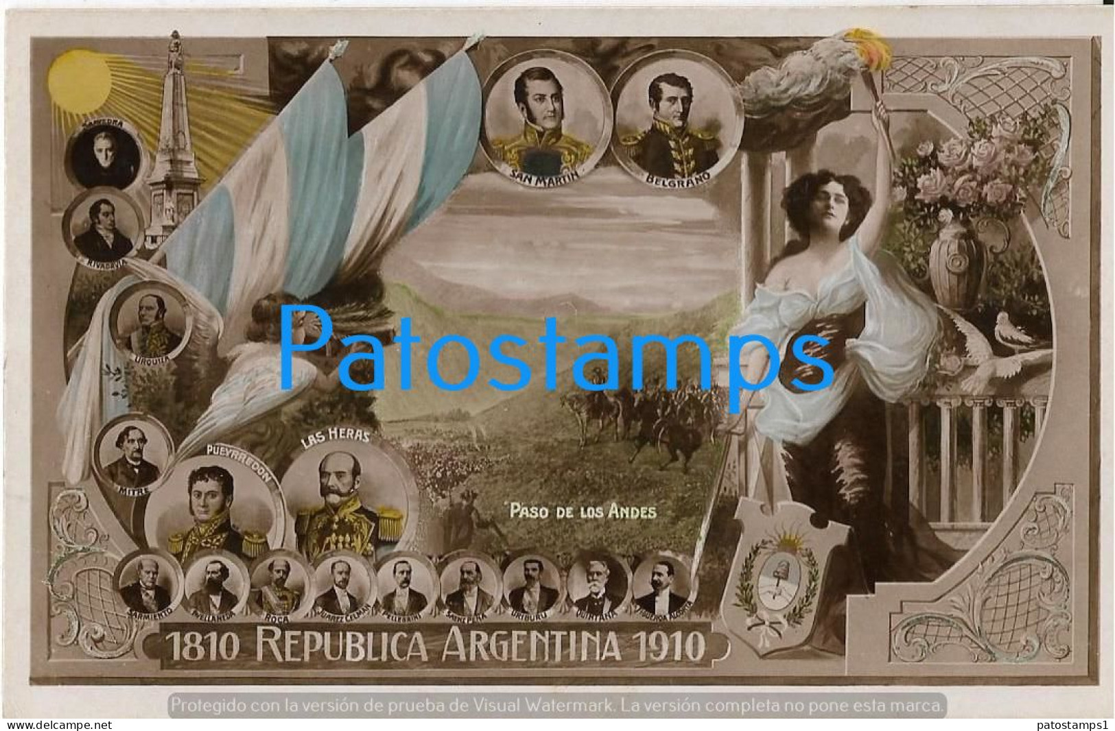 227799 ARGENTINA CENTENARY PATRIOTIC HERALDRY FLAG PASO DE LOS ANDES VERY PROCER POSTAL POSTCARD - Argentinië