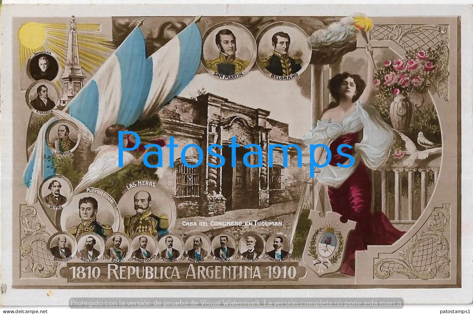 227802 ARGENTINA CENTENARY PATRIOTIC HERALDRY FLAG TUCUMAN CASA DE CONGRESO VERY PROCER POSTAL POSTCARD - Argentine