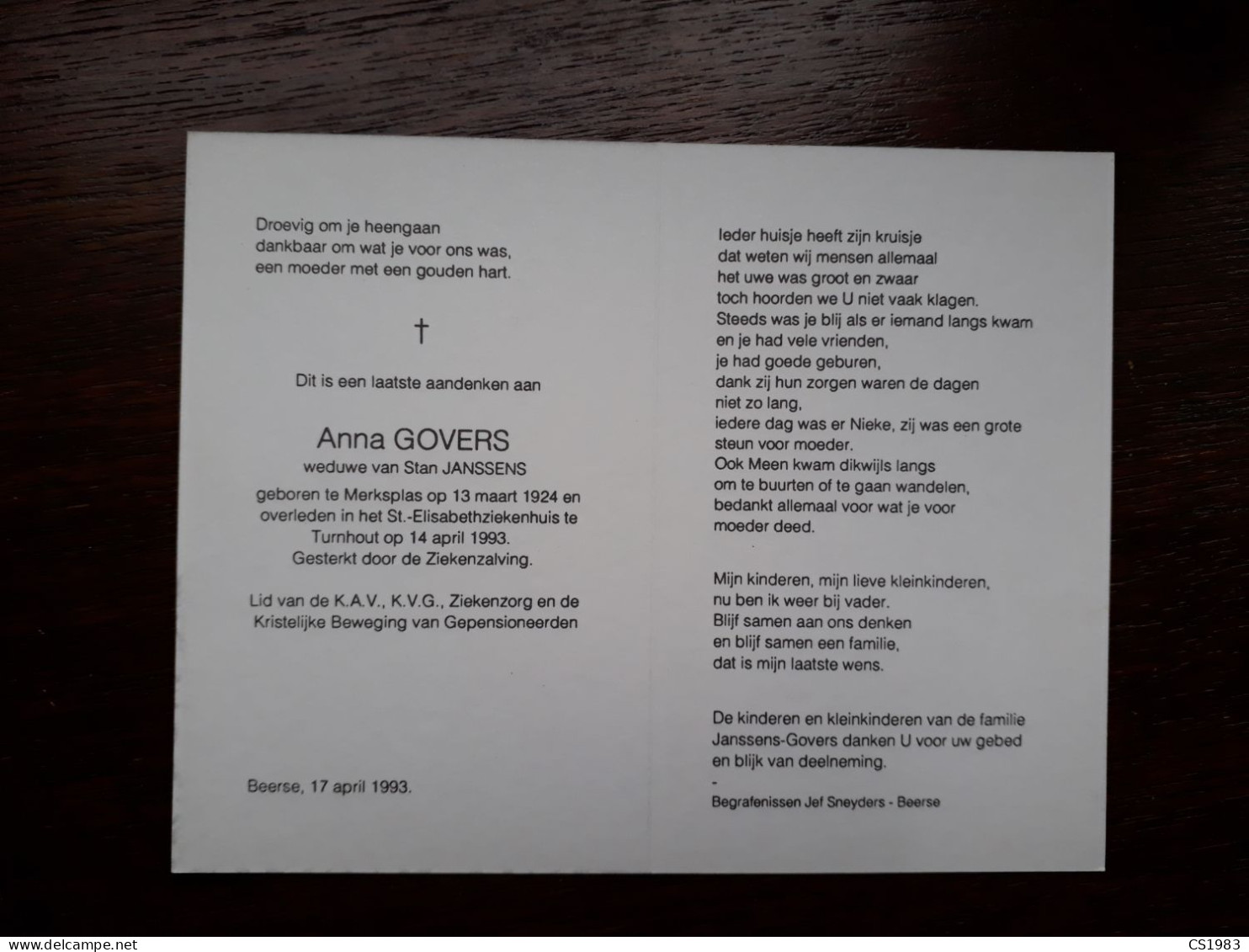 Anna Govers ° Merksplas 1924 + Turnhout 1993 X Stan Janssens - Beerse - Todesanzeige