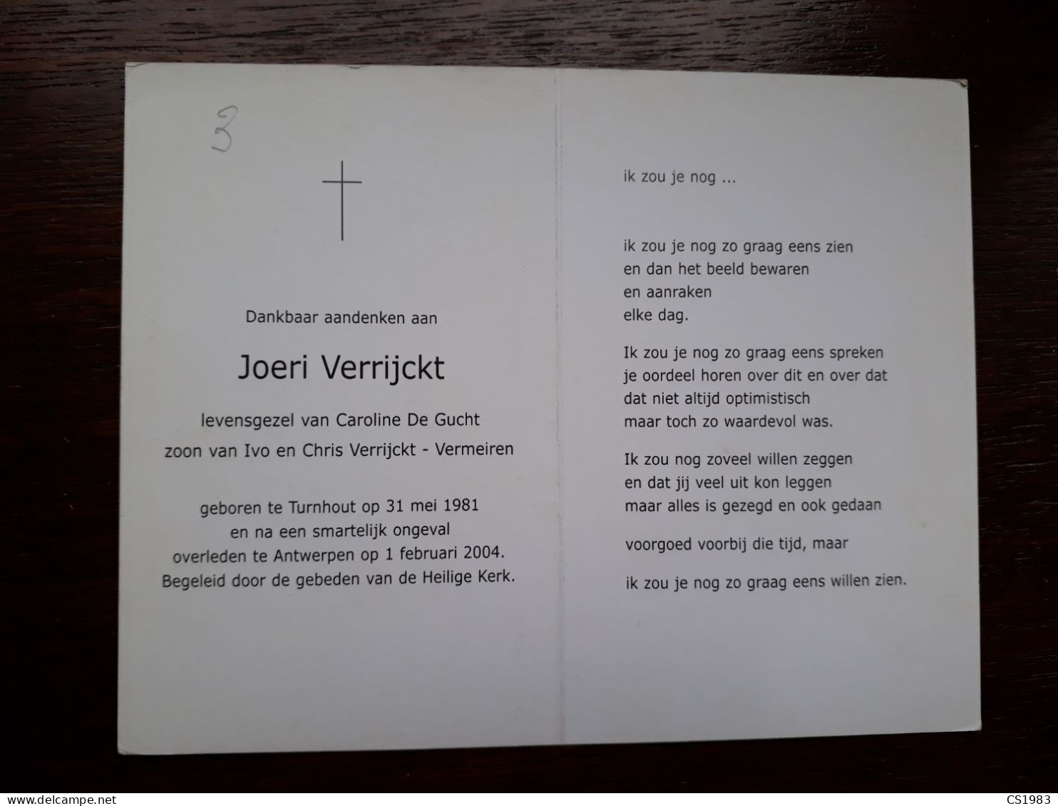 Joeri Verrijckt ° Turnhout 1981 + Antwerpen 2004 X Caroline De Gucht (Fam: Vermeiren) - Todesanzeige