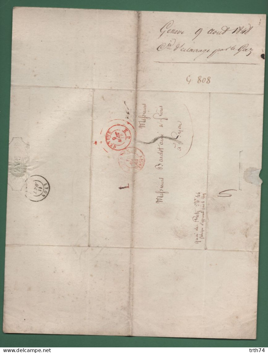 Suisse Genève Compagnie D' éclairage Par Le Gaz 9 Aout 1848 à Destination De Lyon - ...-1845 Prefilatelia