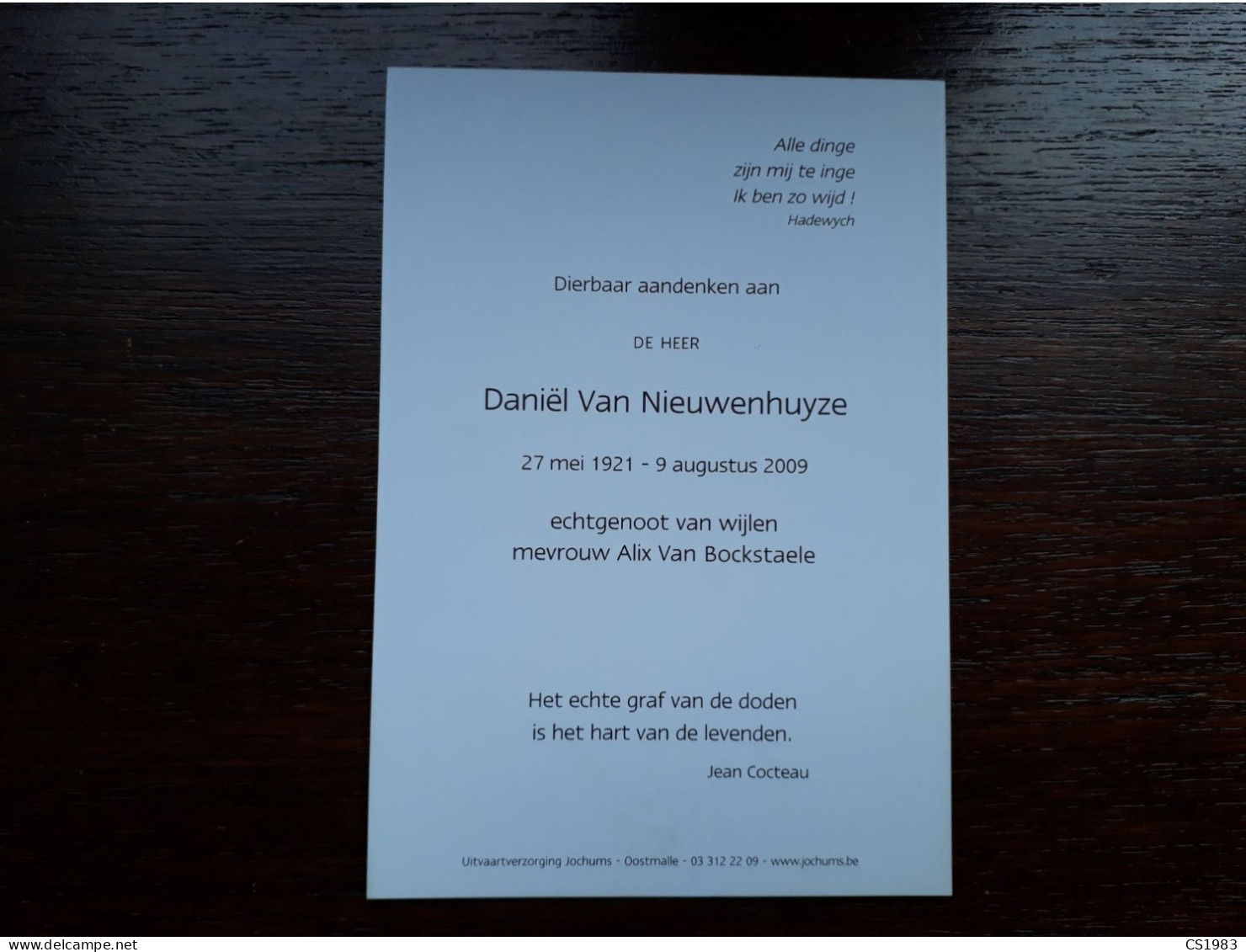 Daniël Van Nieuwenhuyze ° 1921 + 2009 X Alix Van Bockstaele - Begraf. Oostmalle - Overlijden