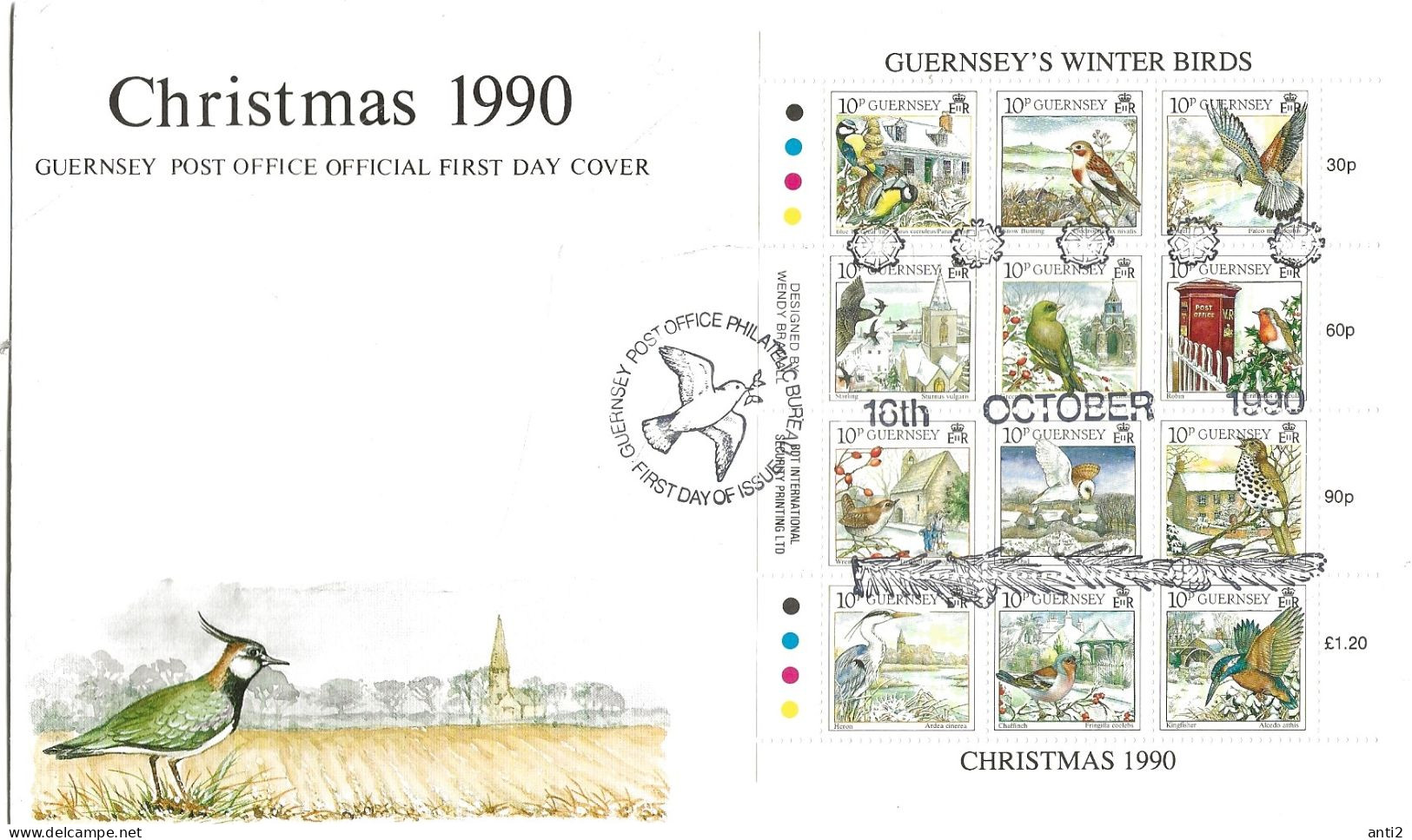 Guernsey 1990 Christmas - Winter Birds, Mi 501-512 In Minisheet, FDC - Guernesey