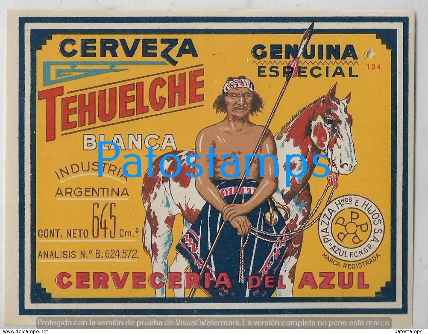 227838 ARGENTINA PUBLICITY BEER CERVEZA TEHUELCHE CERVECERIA AZUL ETIQUETA DE BEBIDA LABEL PERFORATION POSTAL POSTCARD - Argentinië