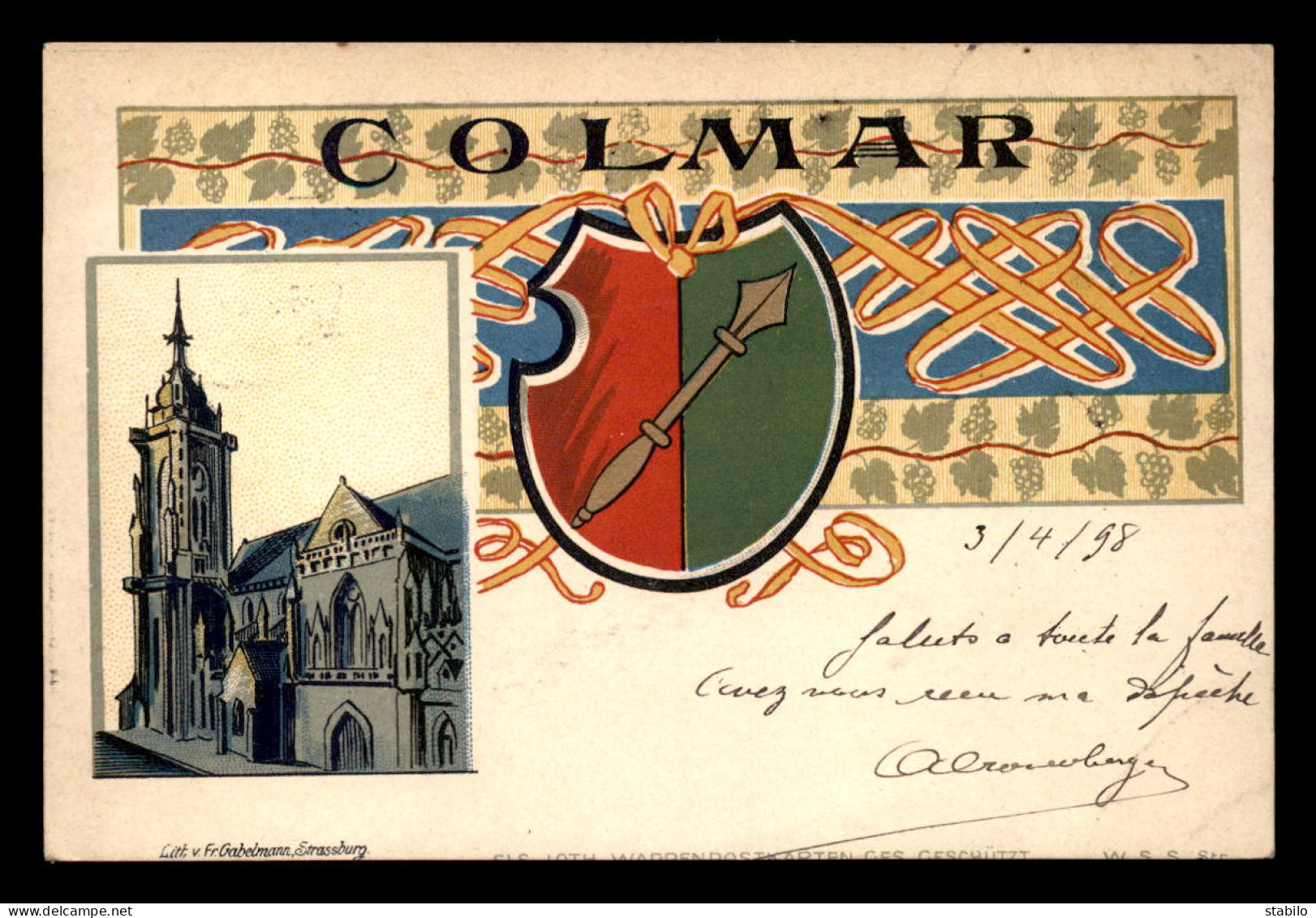 68 - COLMAR - CARTE LITHOGRAPHIQUE  - VUE ET ARMES - VOYAGEE EN 1898 - Colmar