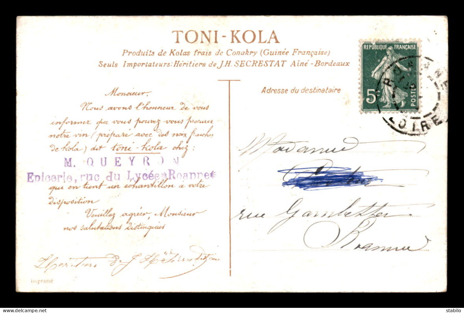 PUBLICITE - TONI-KOLA - PRODUITS DE KOLAS FRAIS DE CONAKRY - IMPORTATEUR JH SECRESTAT BORDEAUX - Werbepostkarten