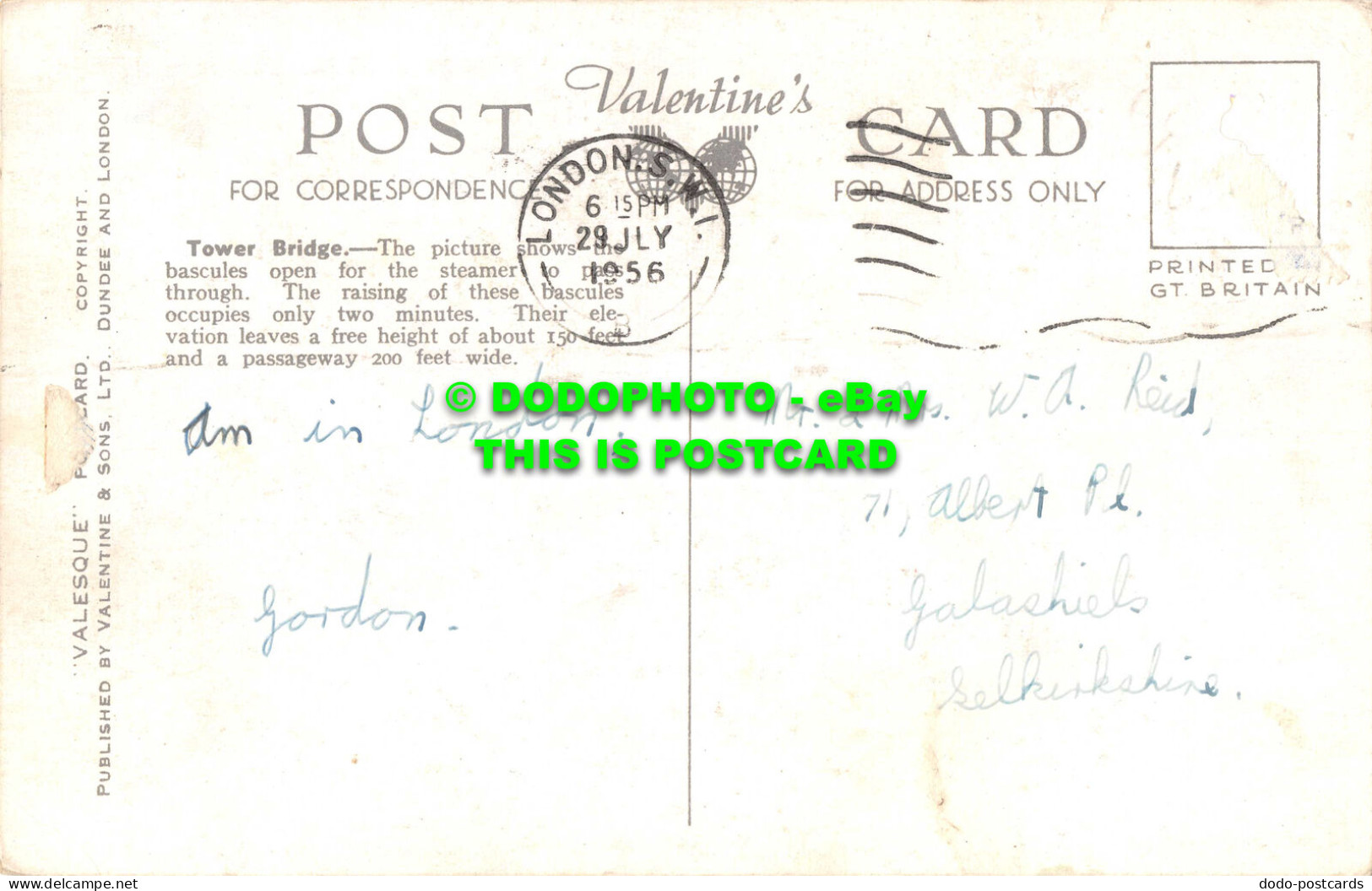 R532800 London. Tower Bridge. Valentine. Valesque. 1956 - Other & Unclassified