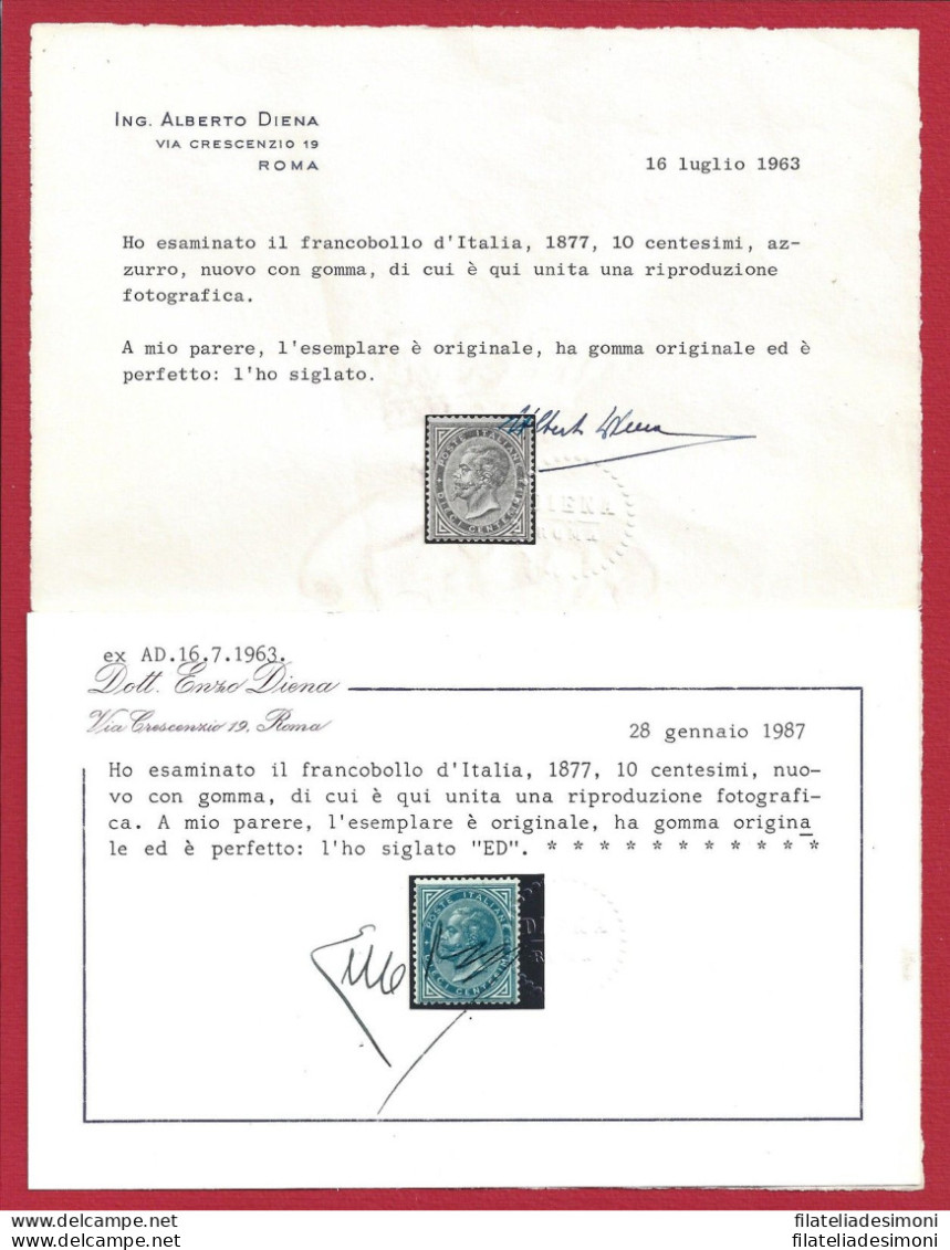 1877 Italia - Regno , N° 27 10 Cent. Azzurro MLH/*  Certificato A.Diena E.Diena - Other & Unclassified