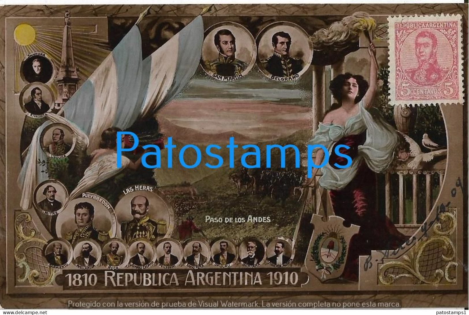 227882 ARGENTINA CENTENARY PATRIOTIC HERALDRY FLAG PASO DE LOS ANDES MULTI PROCER CIRCULATED TO FRANCE POSTAL POSTCARD - Argentinien