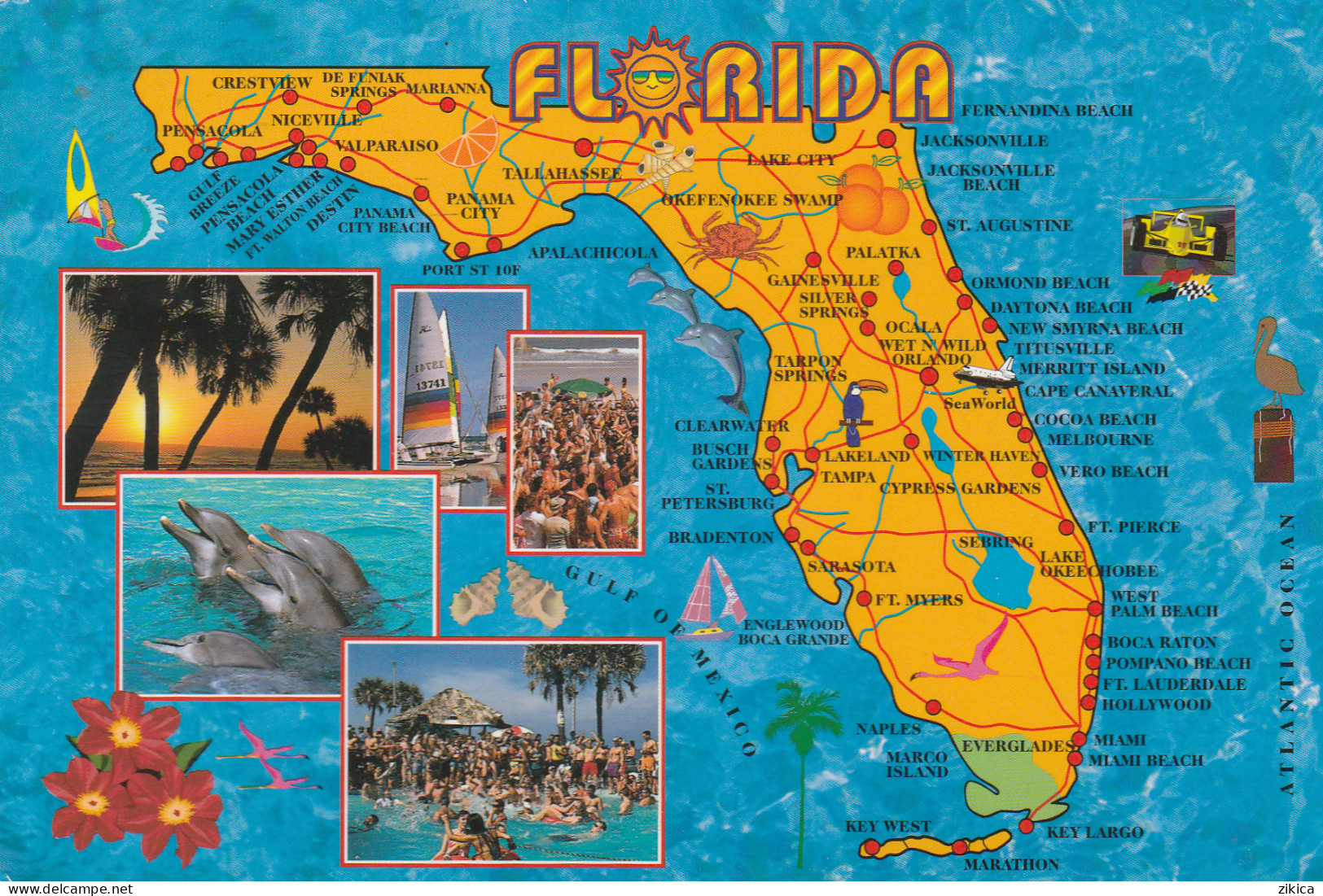 Florida Map - Shells,dolphins, Pelican, Formula 1,oh The Beach,sailing,flamingos,birds - Carte Geografiche