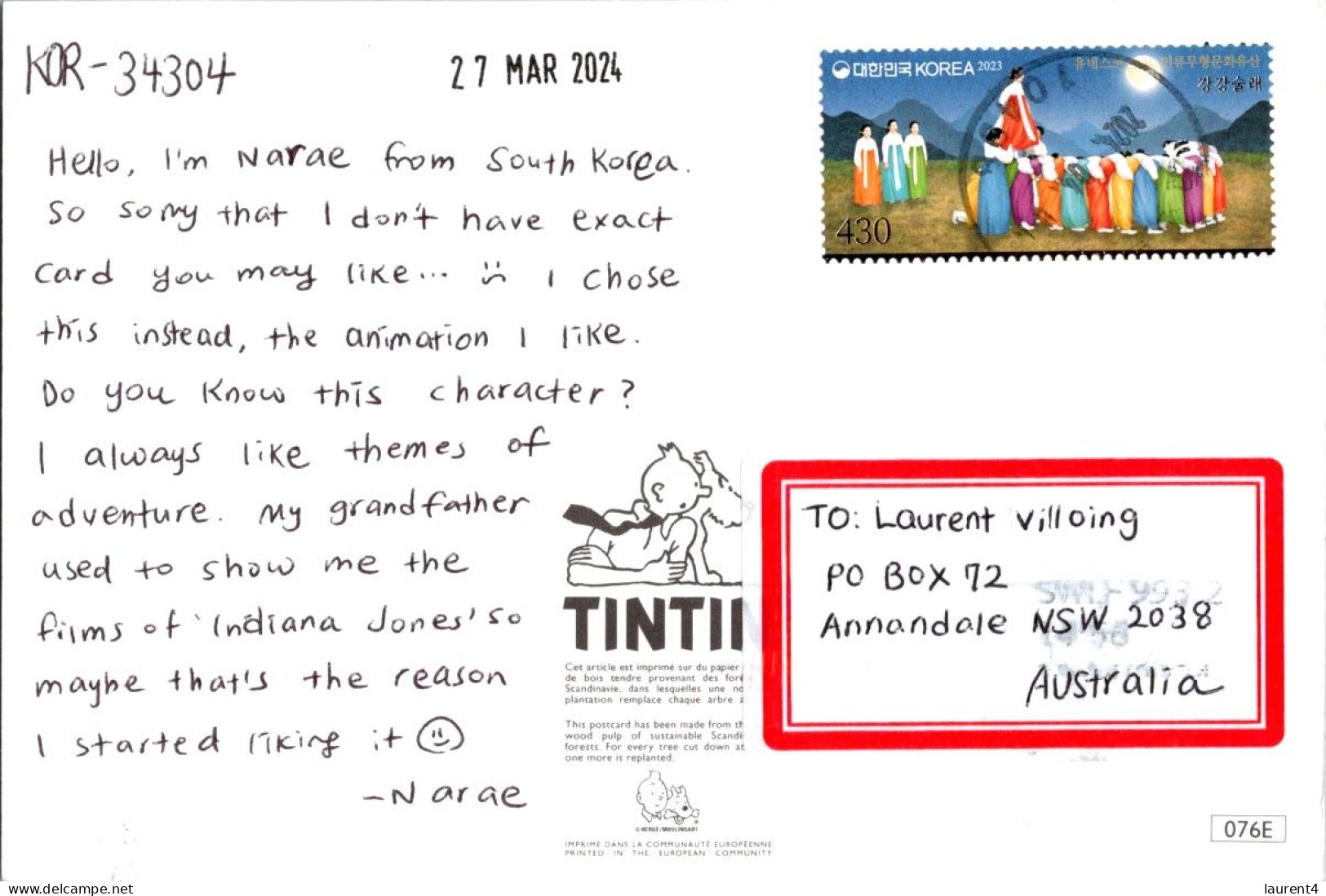 28-4-2023 (3 Z 16) South Korea (posted To Australia 2024) Tintin King Ottokar's Sceptre - Comics