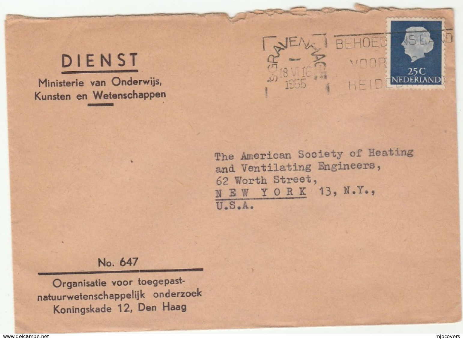 SCIENCE - 1955 NETHERLANDS Ministry Of Science Applied Research Org COVER To Heating Ventilating Soc USA Stamps Energy - Fisica