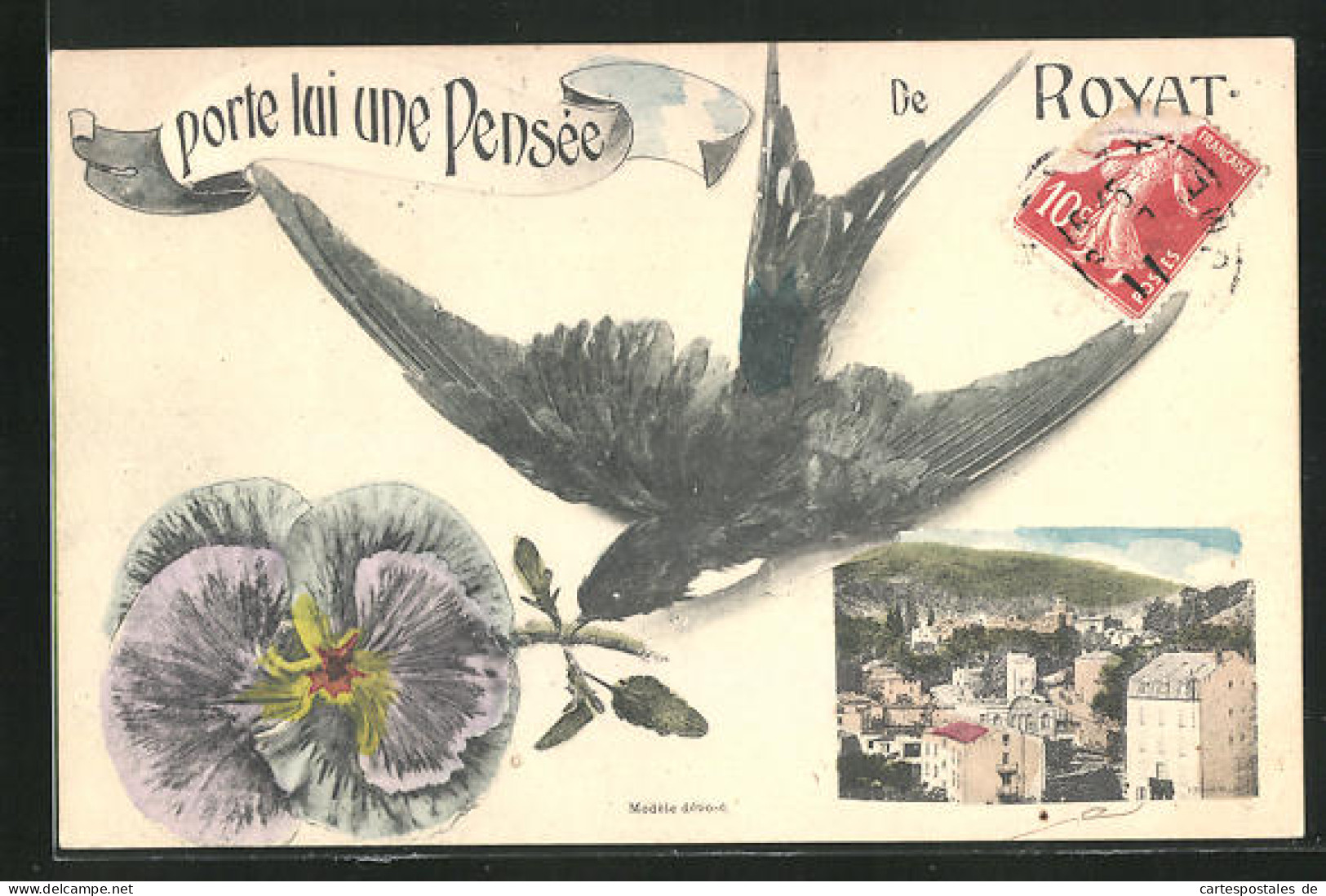 CPA Royat, Vue Générale, Grusskarte Avec Hirondelle Et Blume  - Royat