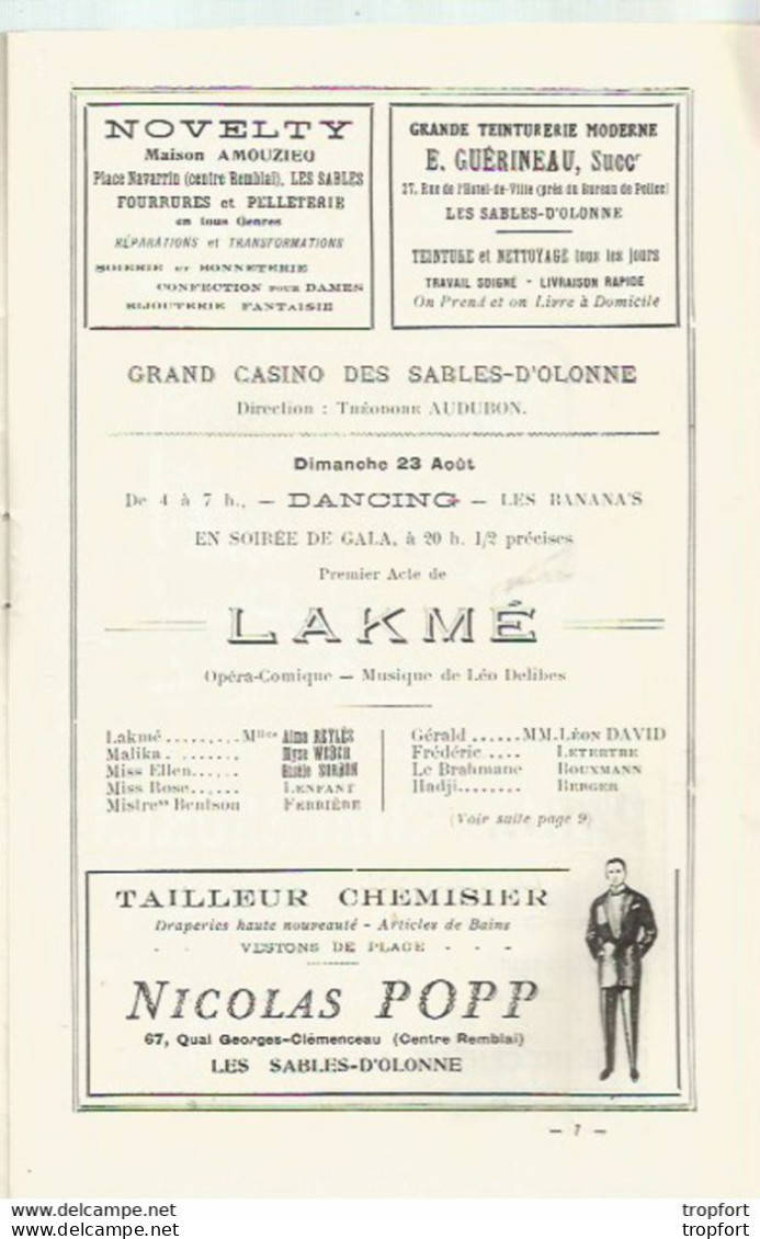JU / RARE PROGRAM Theater THEATRE PROGRAMME Les SABLES D'OLONNE CASINO LAKME Leo DELIBES JAZZ CINEMA TRAVESTI - Programs