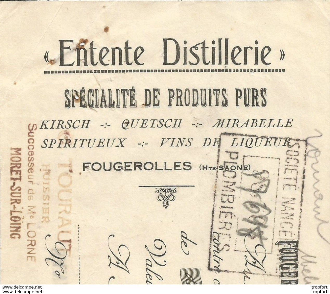 M11 Cpa / Old Invoice Facture LETTRE Ancienne Entente DISTILLERIE FOUGEROLLES 1928 Timbres Fiscaux MORET CHAMPAGNE - Straßenhandel Und Kleingewerbe