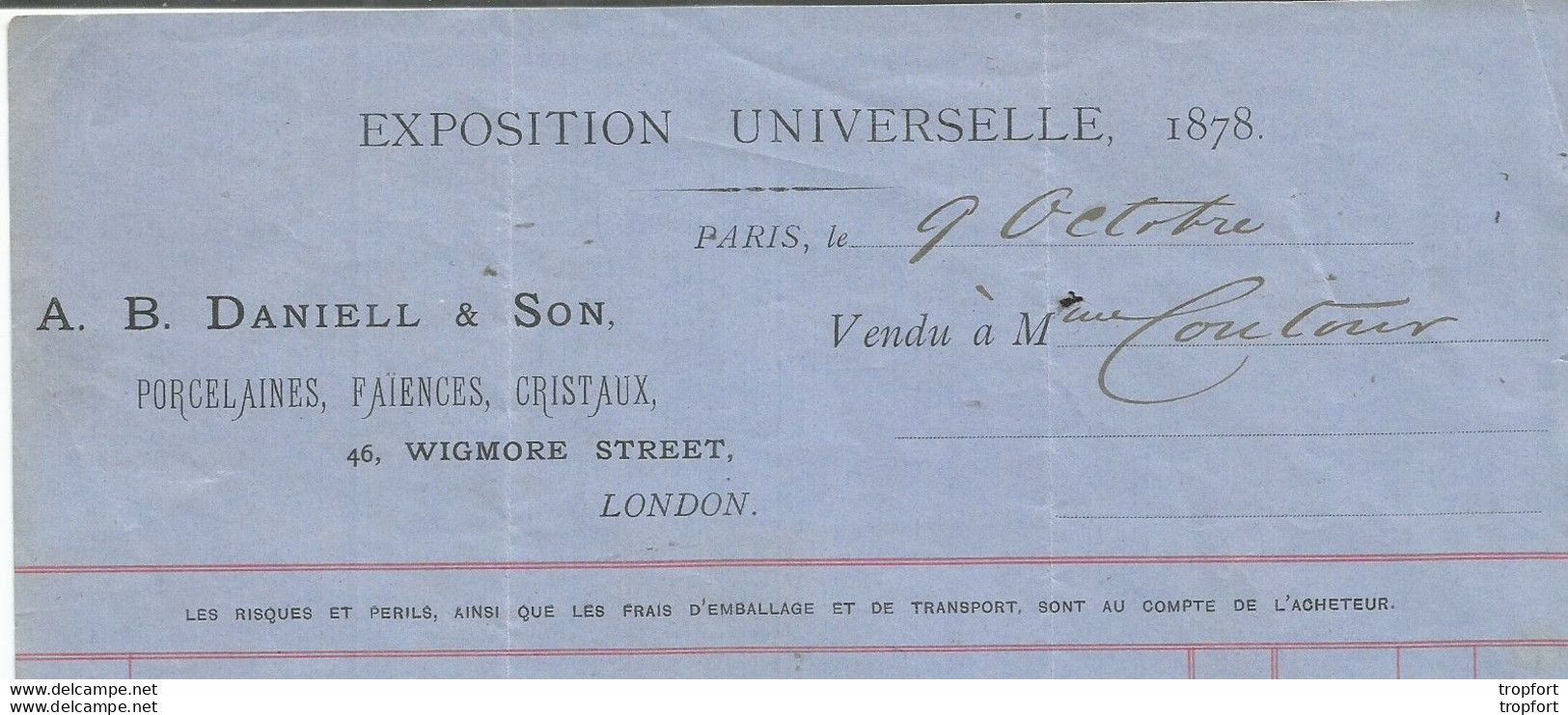 F16 Cpa / Old Invoice / Facture Ancienne 1878 Exposition Universelle PARIS LONDRES Porcelaine Faïence Cristaux - 1800 – 1899