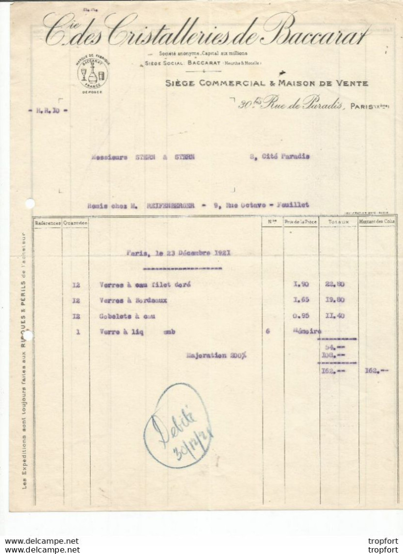 F16 Cpa / Old Invoice / RARE !! Facture Ancienne BACCARAT CRISTALLERIE 1921 Cristal - 1900 – 1949