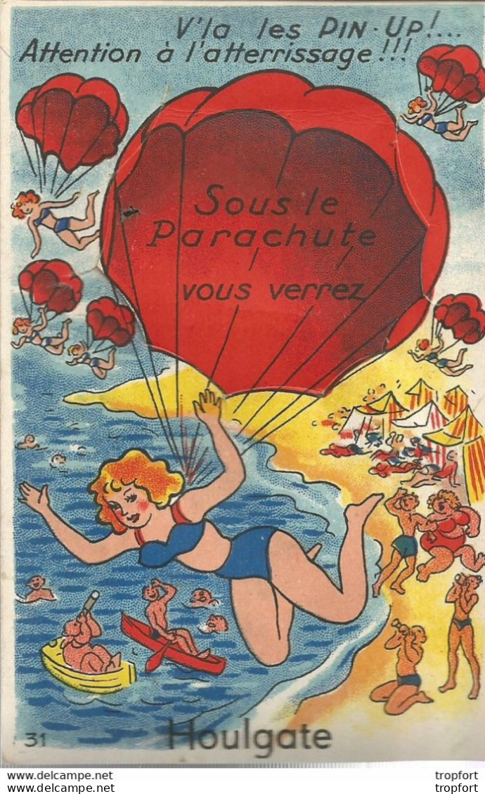 F16 / Humor System Postcard / Superbe !!! CPA Humour Carte à Système HOULGATE Parachute Parachutisme Plage Sexy Mer - Móviles (animadas)