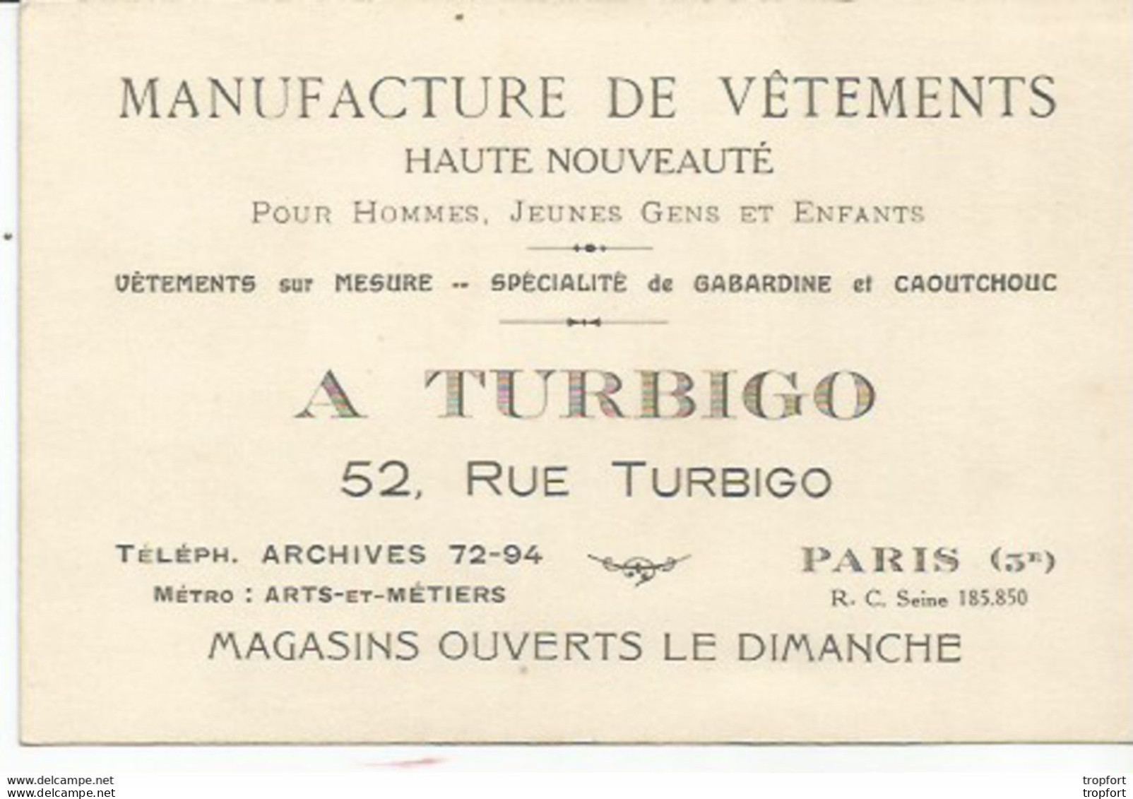 JZ / Carte ANCIENNE De Visite RESTAURANT Manufacture De VETEMENTS A.TURBIGO PARIS Rue TURBIGO - Cartes De Visite