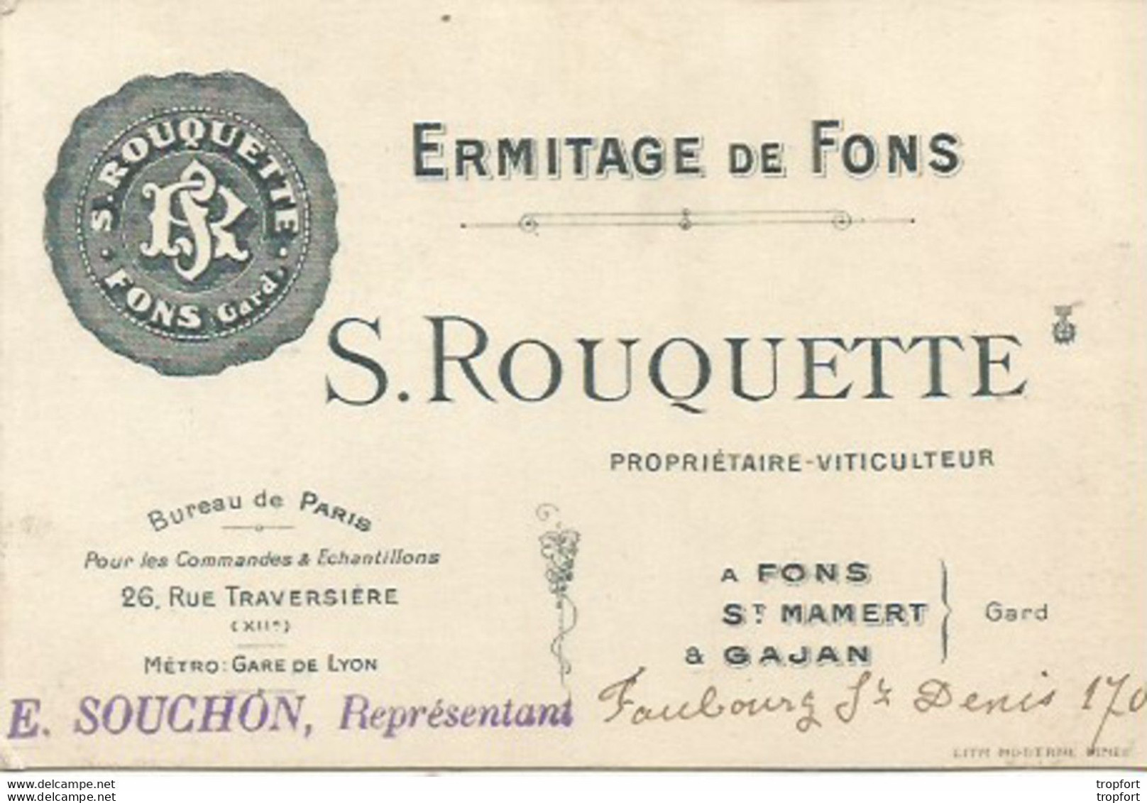 JY 1 / Rare CARTE DE VISTE Ancienne FONS (GARD) ERMITAGE DE FONS S ROUQUETTE Viticulteur St MAMERT GAJAN - Visiting Cards