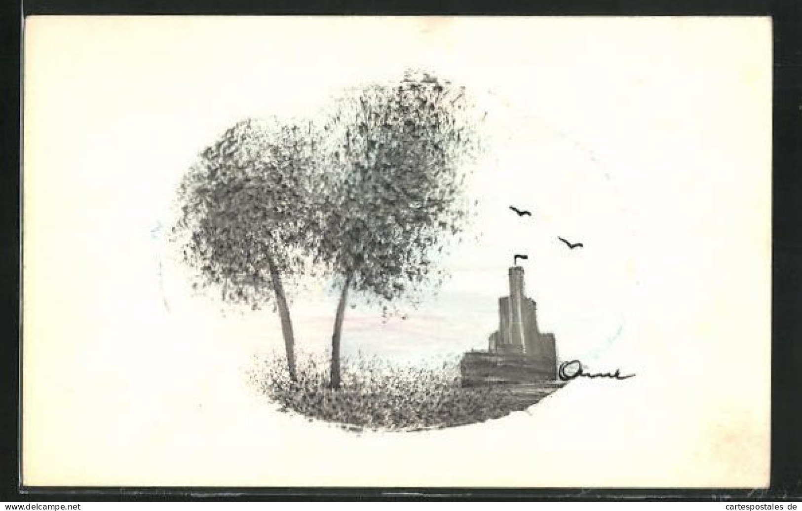 Künstler-AK Handgemalt: Bäume Und Vögel über Der Burg  - 1900-1949