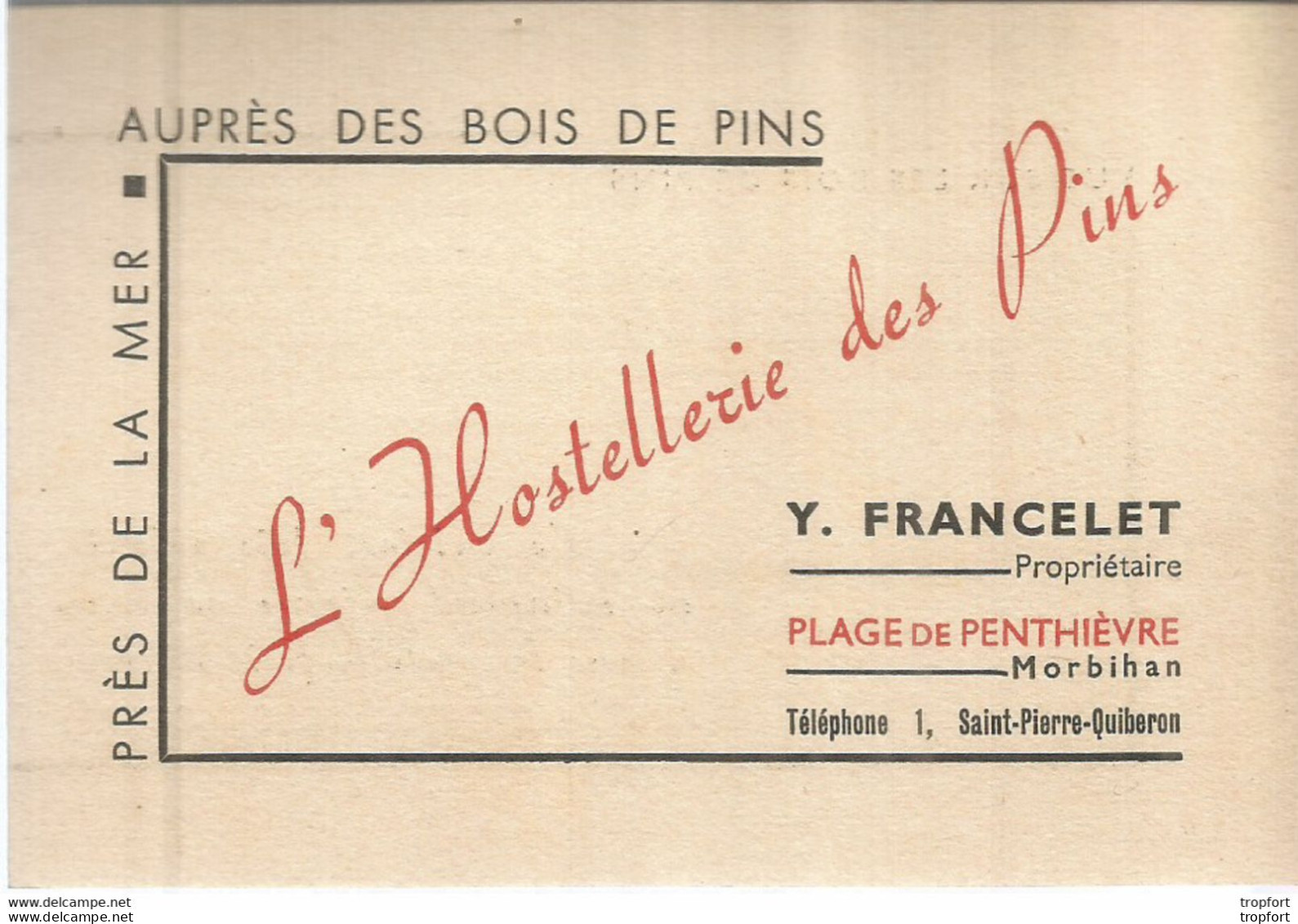 AS / Ancienne CARTE De VISITE Publicitaire PUB CDV Feuillet L'HOSTELLERIE DES PINS Plage De PENTHIEVRE - Cartoncini Da Visita