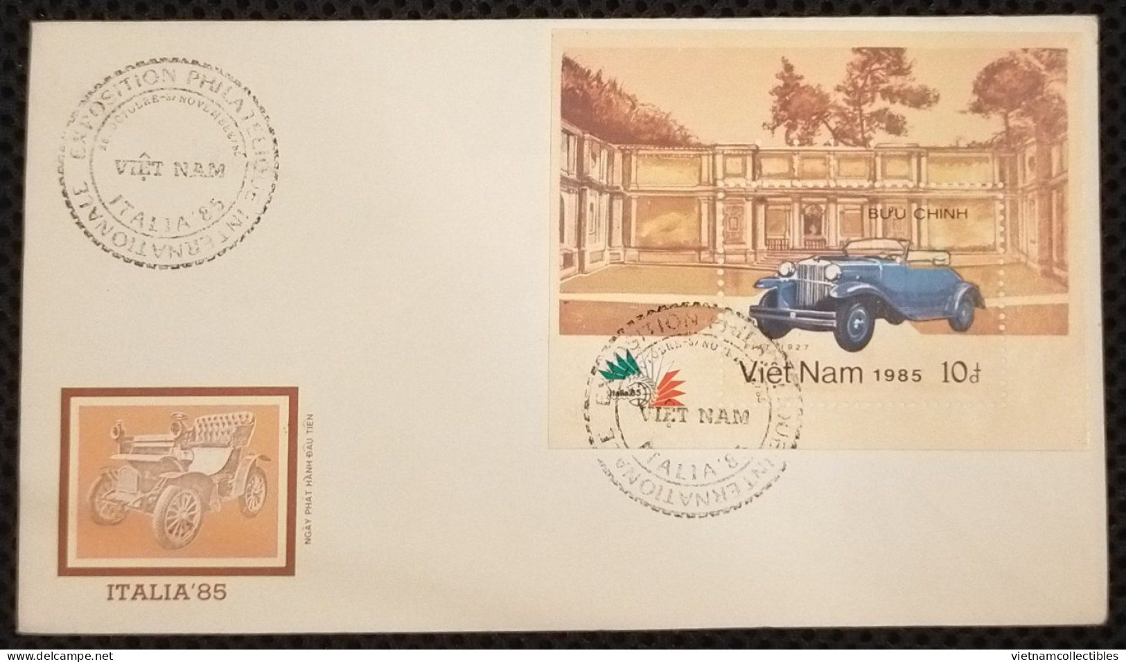 FDC Vietnam Viet Nam With Perf Souvenir Sheet 1985: International Philatelic Exhibition In Italia / Vintage Car (Ms477B) - Vietnam