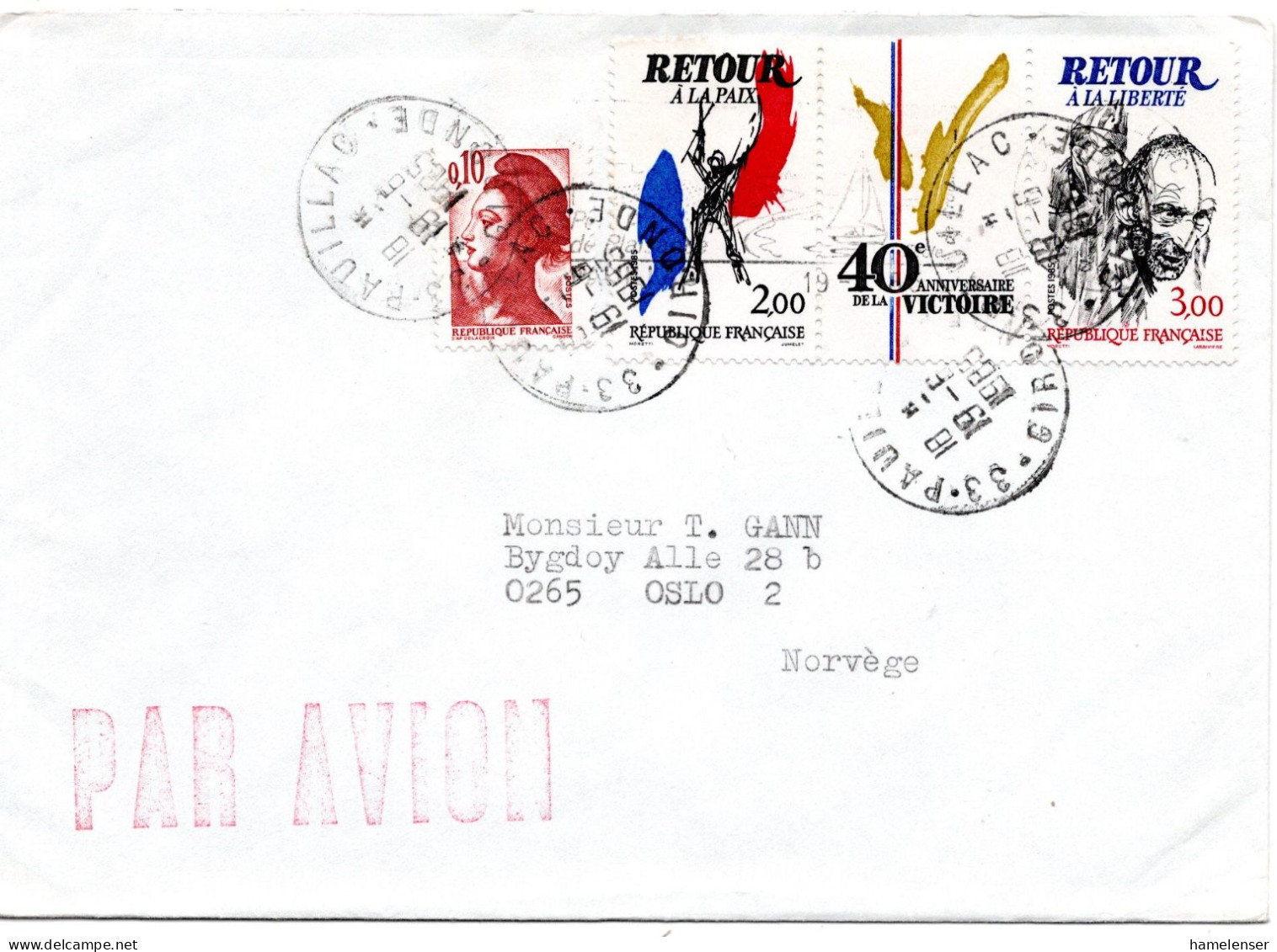 77815 - Frankreich - 1985 - 4,00F+5,00F Kriegsende ZDr MiF A LpBf PAUILLAC -> Norwegen - Storia Postale