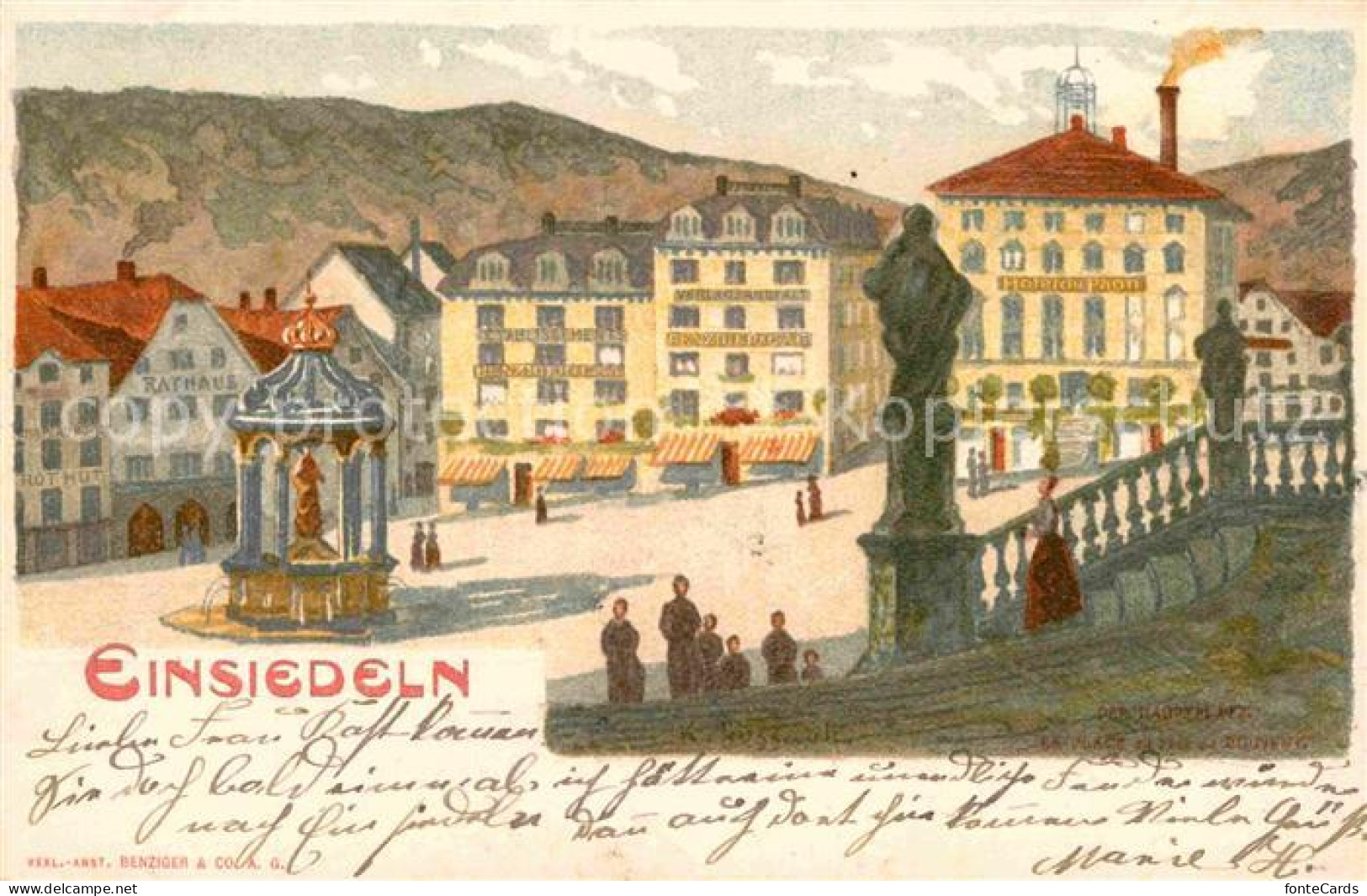 12734138 Einsiedeln SZ Hotel Du Paon Rathaus Hauptplatz Kuenstlerkarte  Einsiede - Sonstige & Ohne Zuordnung