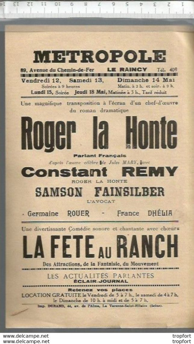 Bk / Vintage / Old French Movie Program // Affichette Programme Cinéma // Le RAINCY Roger La Honte - Programmi