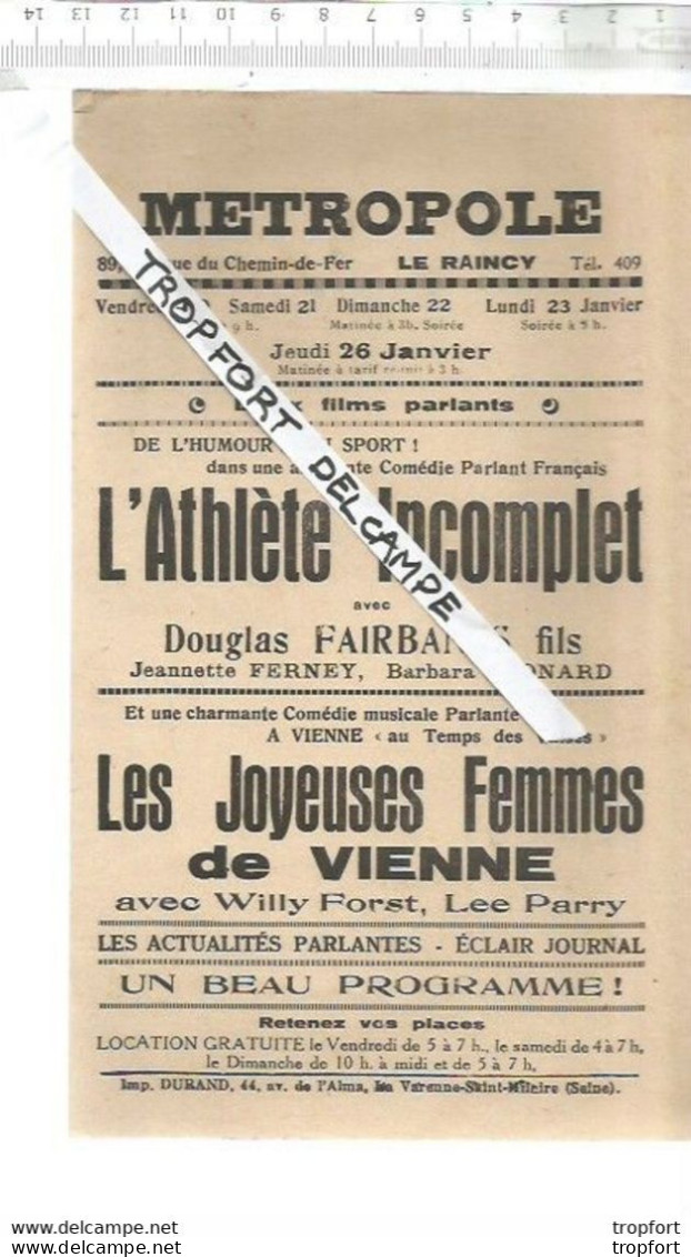 Bb // Vintage // Old French Movie Program / Affichette Programme Cinéma METROPOLE Le Raincy Douglas FAIRBANKS - Programs