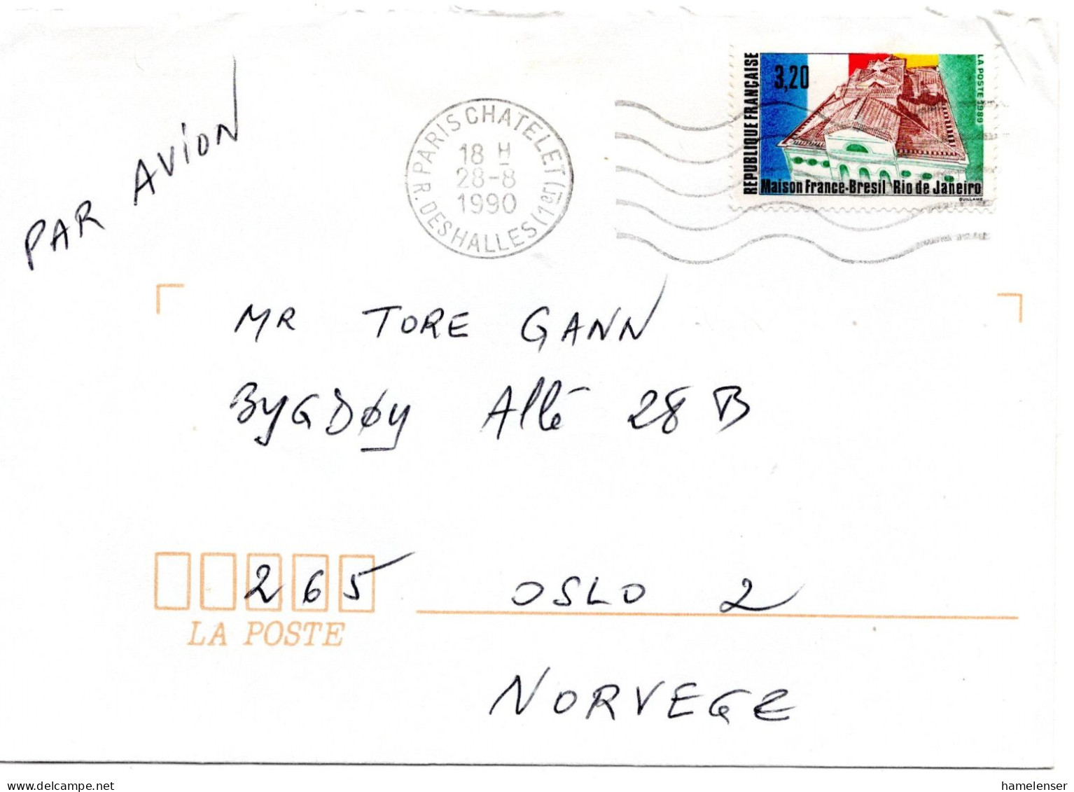 77824 - Frankreich - 1990 - 3,20F Rio De Janeiro EF A LpBf PARIS -> Norwegen - Lettres & Documents