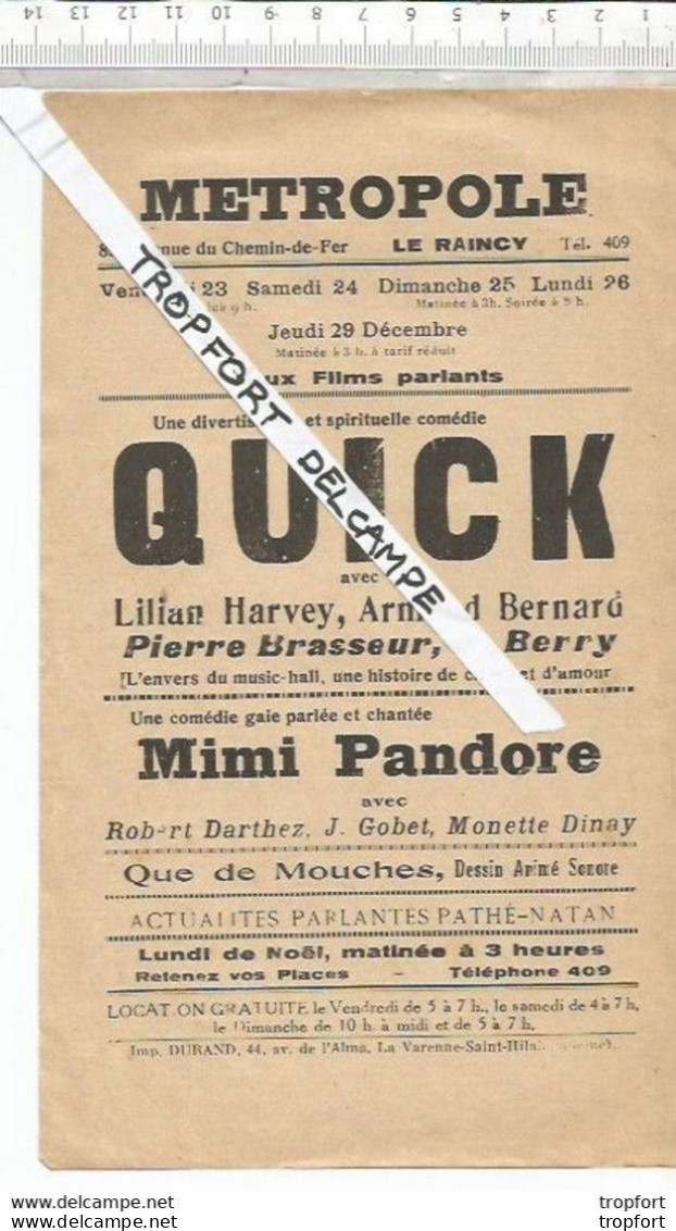 Bb // Vintage // Old French Movie Program / Affichette Programme Cinéma QUICK // Mimi Pandore Films Parlant - Programmi