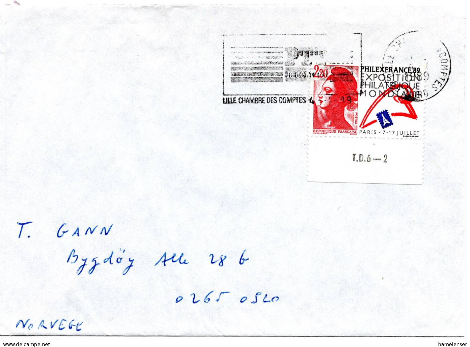 77826 - Frankreich - 1989 - 2,20F PHILEXFRANCE '89 EF A Bf LILLE - ... -> Norwegen - Briefmarkenausstellungen