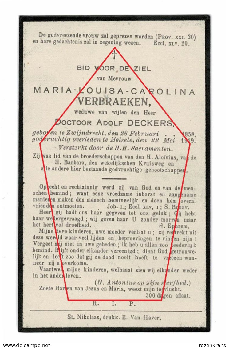 Maria Verbraeken Adolf Deckers (Doctoor) Zwijndrecht Melsele 1919 Foto Photo Doodsprentje Bidprentje - Obituary Notices