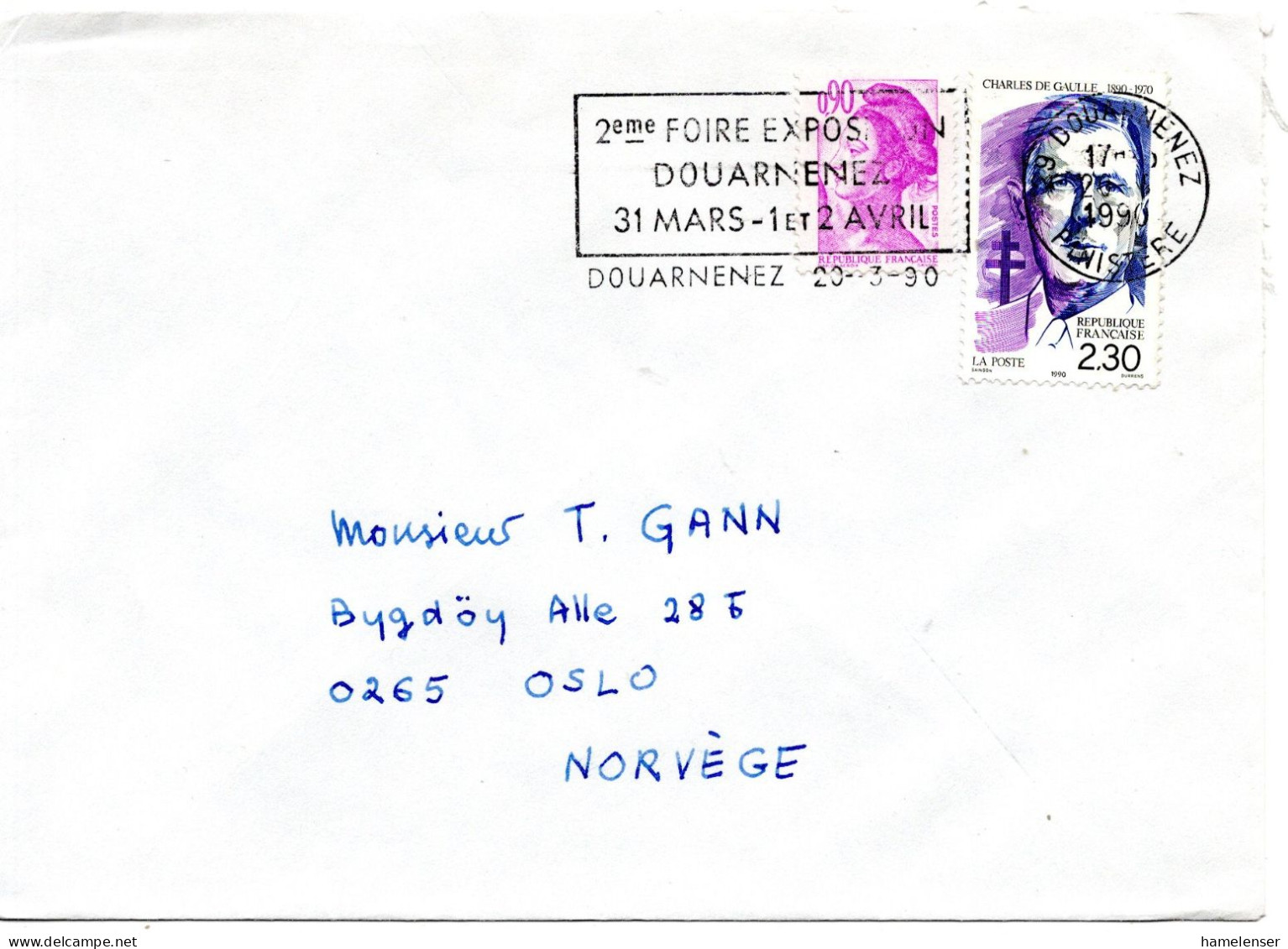 77831 - Frankreich - 1990 - 2,30F De Gaulle MiF A Bf DOUARNENEZ - ... -> Norwegen - Covers & Documents