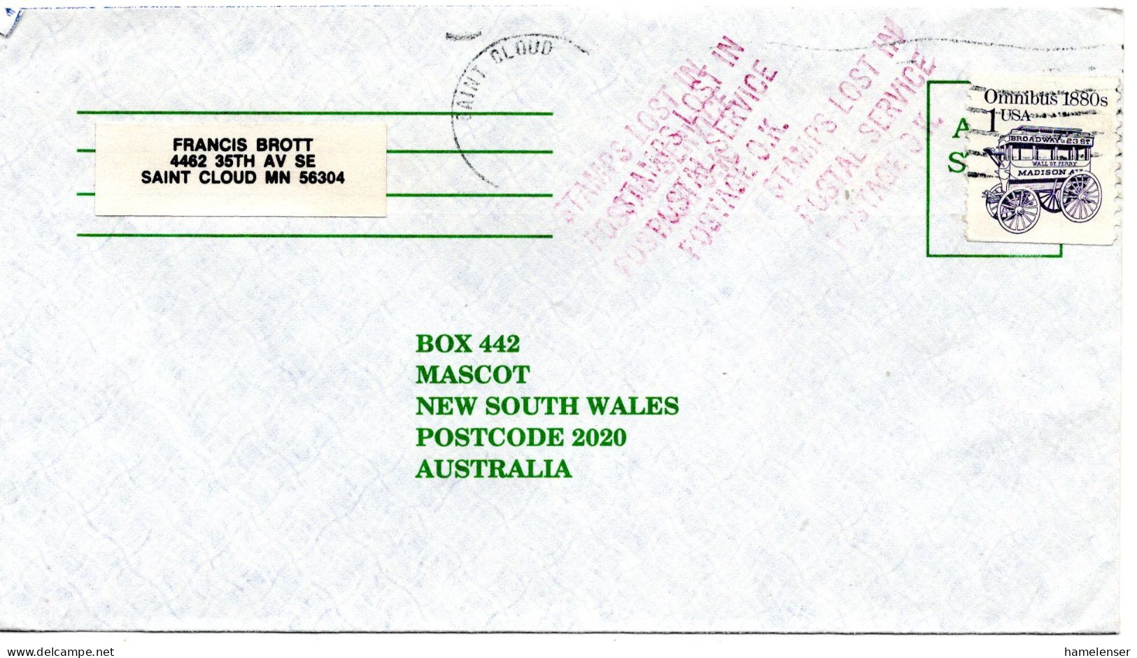 77835 - USA - 1990 - 1¢ Kutsche MiF A Bf SAINT CLOUD, MN -> Australien, Marken Abgefallen M Entspr US-Stpl - Cartas & Documentos