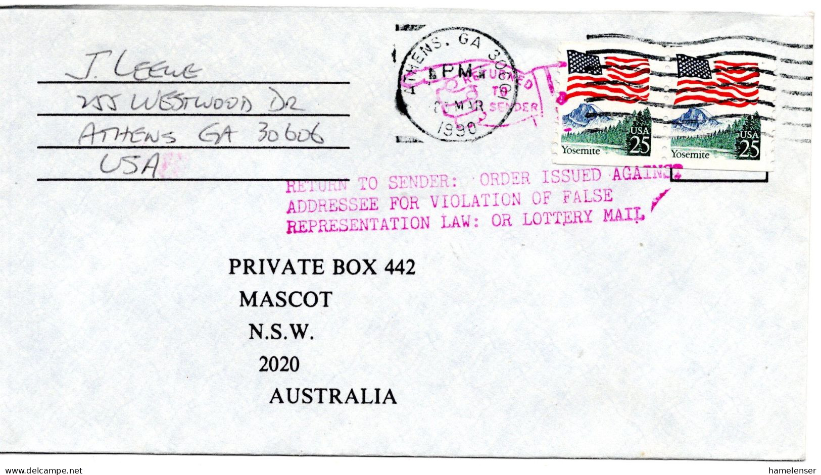 77836 - USA - 1990 - 2@25¢ Yosemite A Bf ATHENS, GA -> Australien, M US-Stpl "Zurueck - ... Wg Illegaler Lotterie" - Storia Postale