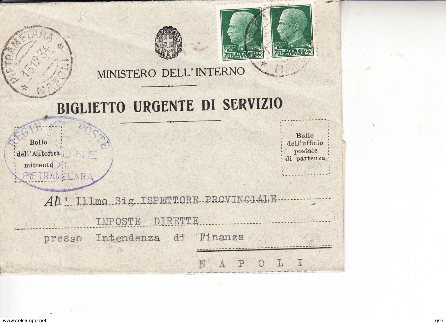 ITALIA  1934 - Ministero Dell'Interno - Boglietto Di Servizio - Marcofilía