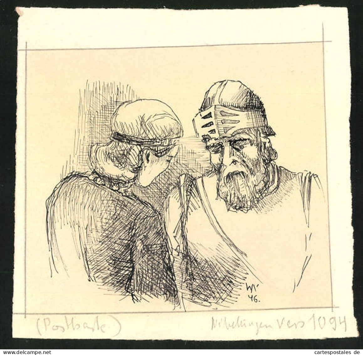Handzeichnung / Ansichtskarten-Entwurf Szene Aus Den Nibelungen, Vers 1094  - Contes, Fables & Légendes