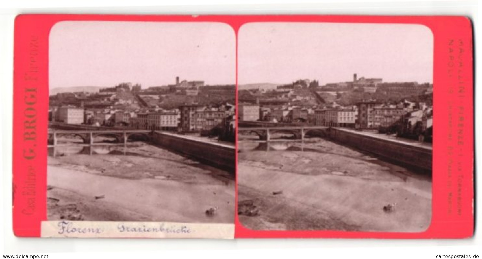 Stereo-Foto G. Brogi, Firenze, Ansicht Florenz, Grazienbrücke  - Stereoscopio